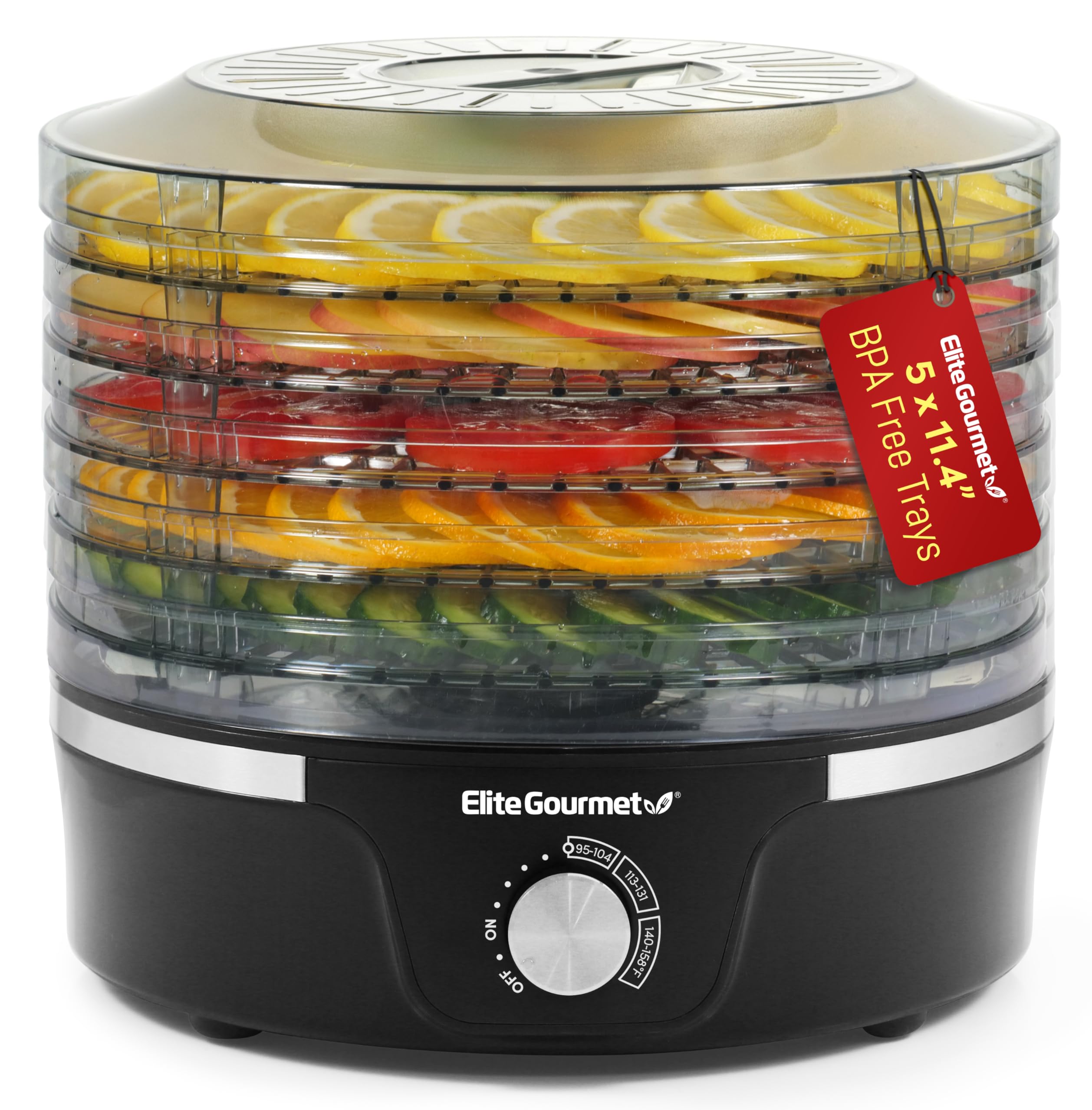 جهاز تجفيف الطعام Elite Gourmet EFD319، 5 صواني خالية من BPA مقاس 11.4 بوصة، أدوات تحكم قابلة لتعديل درجة الحرارة، للحوم المقددة والأعشاب والفواكه والخضروات والوجبات الخفيفة المجففة، لون أسود