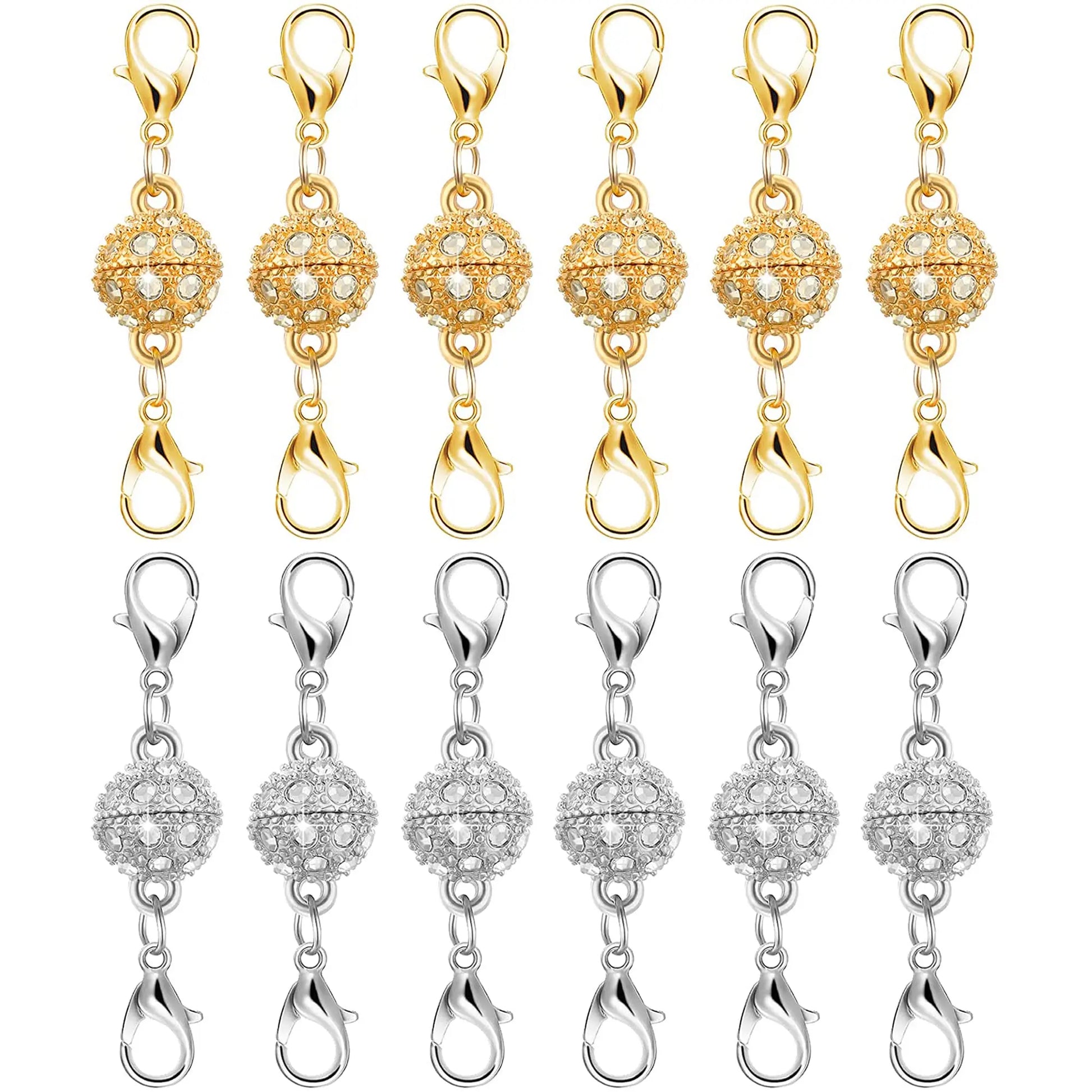 Magnetic Necklace Clasps and Closures with Lobster Clasp, 14K Gold & Silver Magnetic Jewelry Extender for Necklaces & Bracelets, Easy-to-Use for Jewelry Closures (12Pcs | Ball)