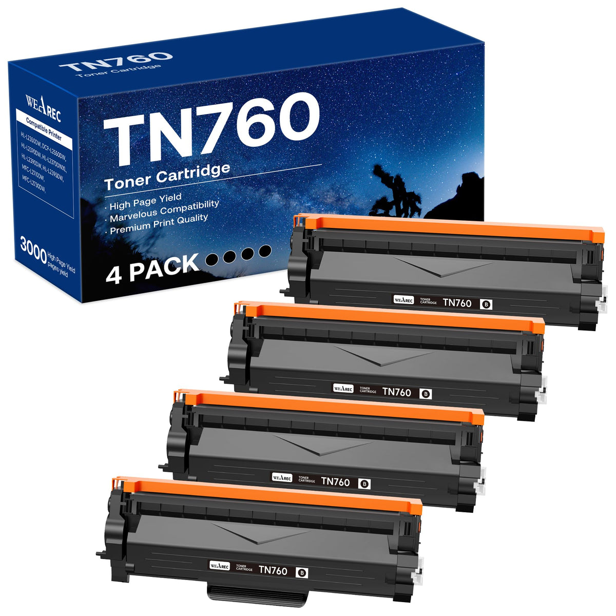 WEAREC Kompatible Tonerkartusche Ersatz für Brother TN760 TN-760 TN730 mit HL-L2350DW HL-L2370DW MFC-L2750DW DCP-L2550DW Drucker (Schwarz, 4 Stück)