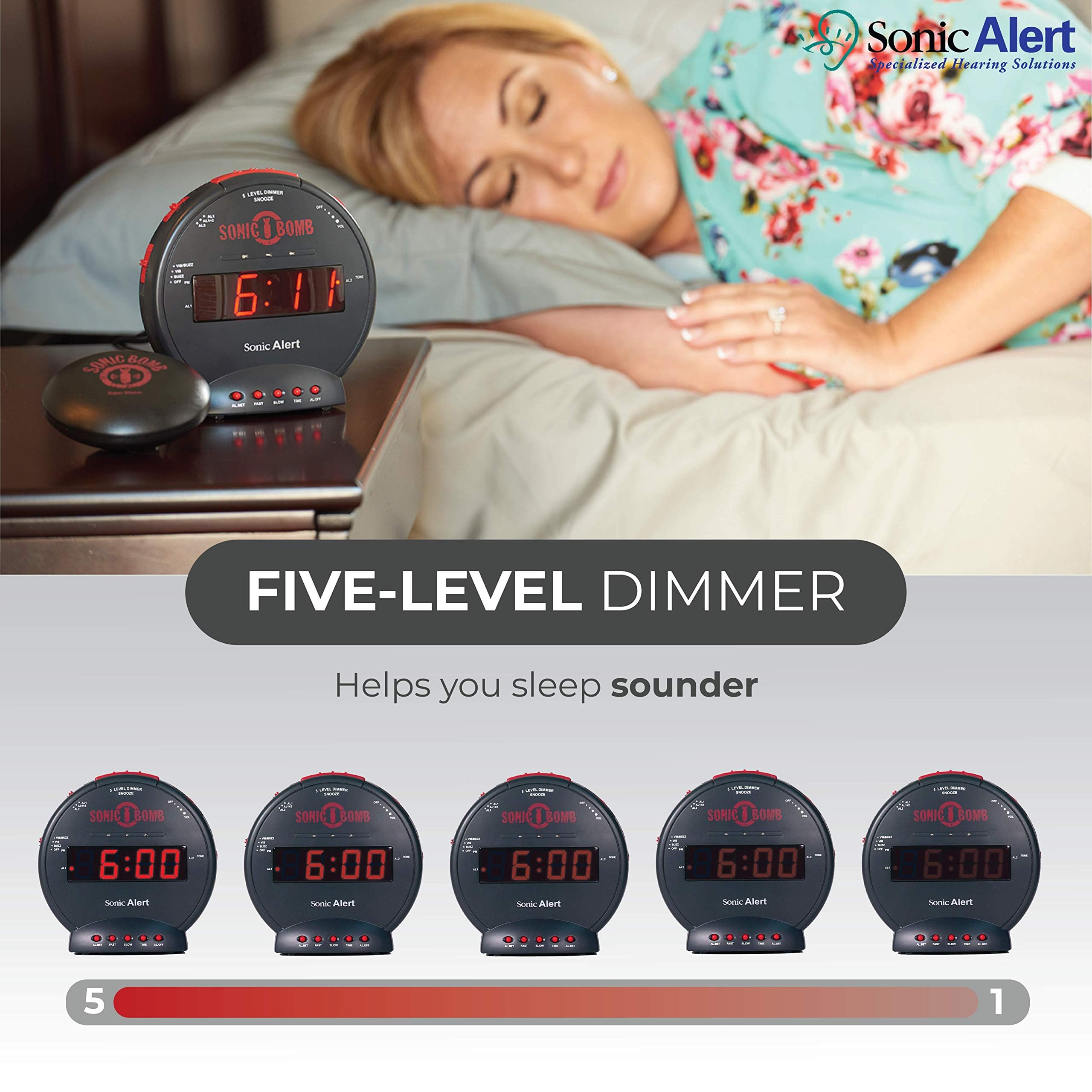 Sonic Bomb Dual Extra Loud Alarm Clock with Bed Shaker, Black | Sonic Alert Vibrating, Heavy Sleepers, Battery Backup | Wake with a Shake