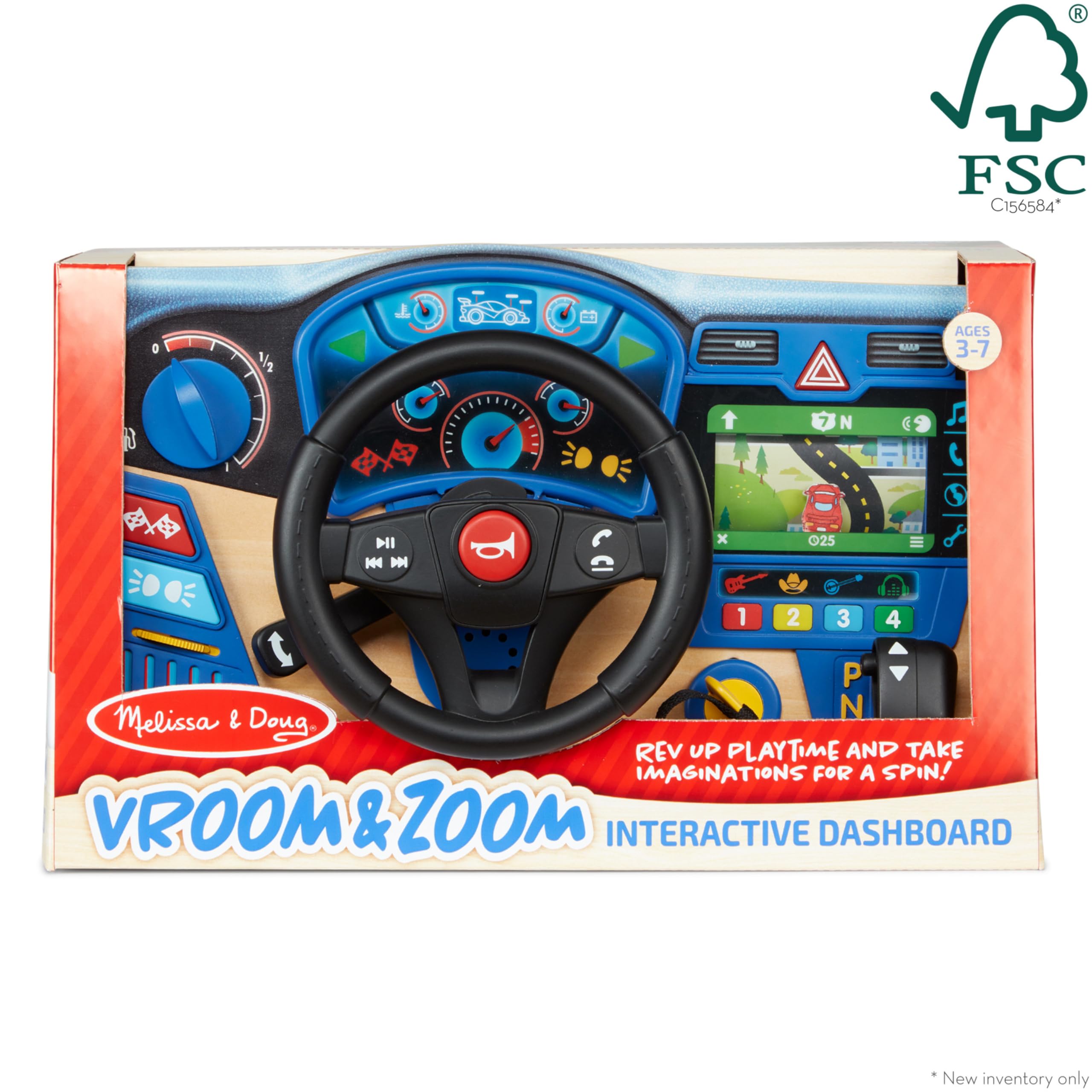Melissa & Doug Vroom & Zoom, Interactive Wooden Dashboard, Racing Car Steering Wheel Toy, Lights & Sounds, Preschool Learning Toys for Girls & Boys 3+ - FSC Certified