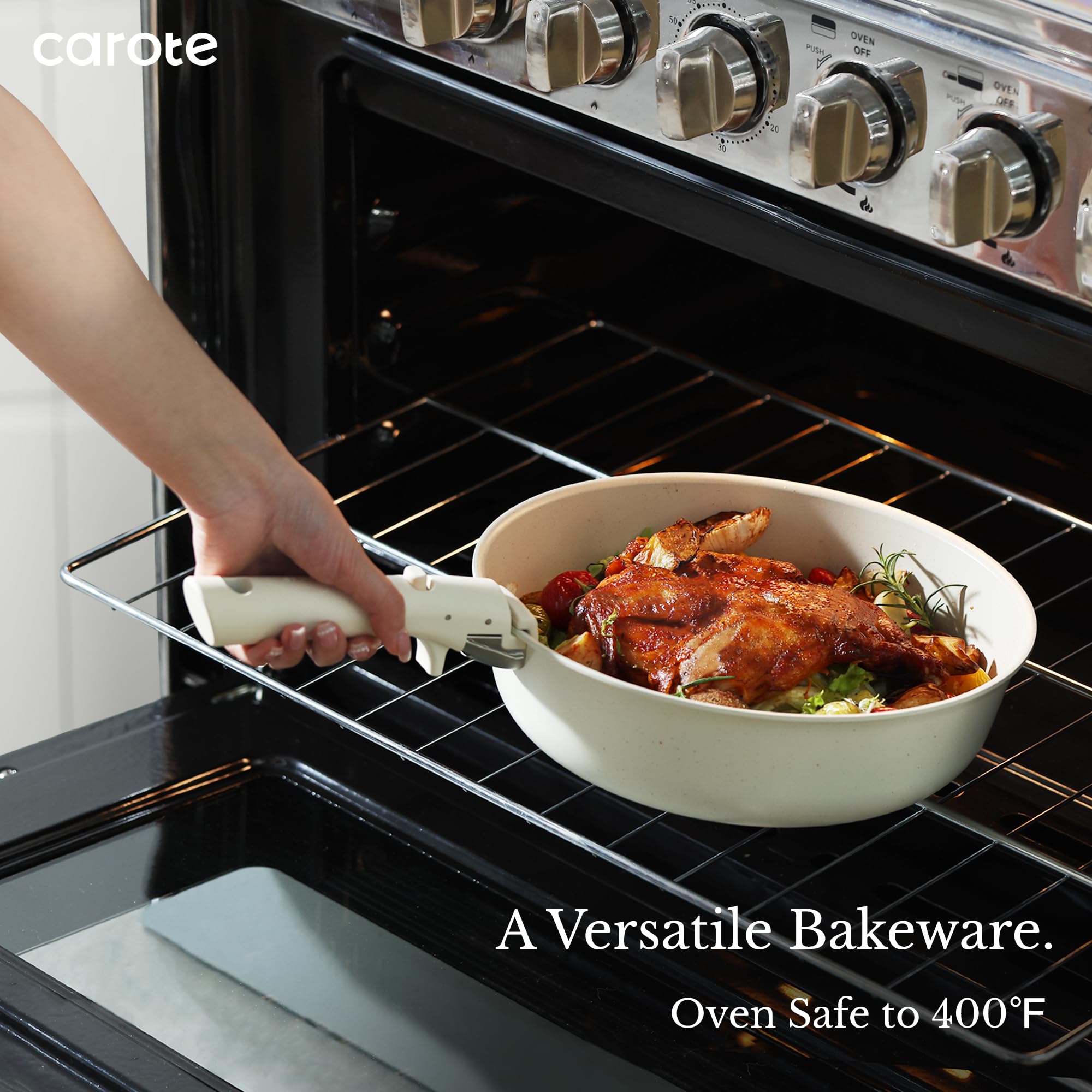 CAROTE 19pcs Pots and Pans Set Non Stick, Cookware Sets, Kitchen Set, Oven/Fridge Safe, Space Saving Pots Set, Nonstick Cooking Set with Versatile Detachable Handle, Induction RV Set, Cream White