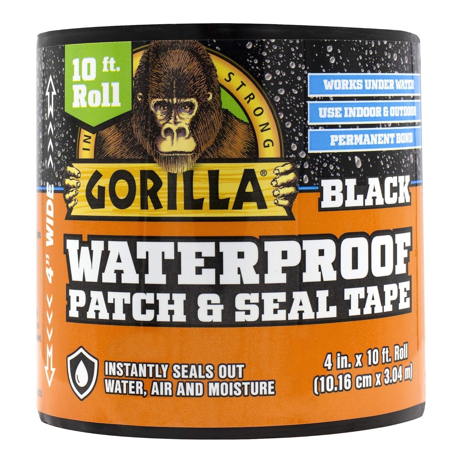 شريط لاصق Gorilla Waterproof Patch & Seal، شريط أسود، 4 بوصات × 10 أقدام (عبوة من 1) - سدادة دائمة مقاومة للعوامل الجوية للتسربات والإصلاحات