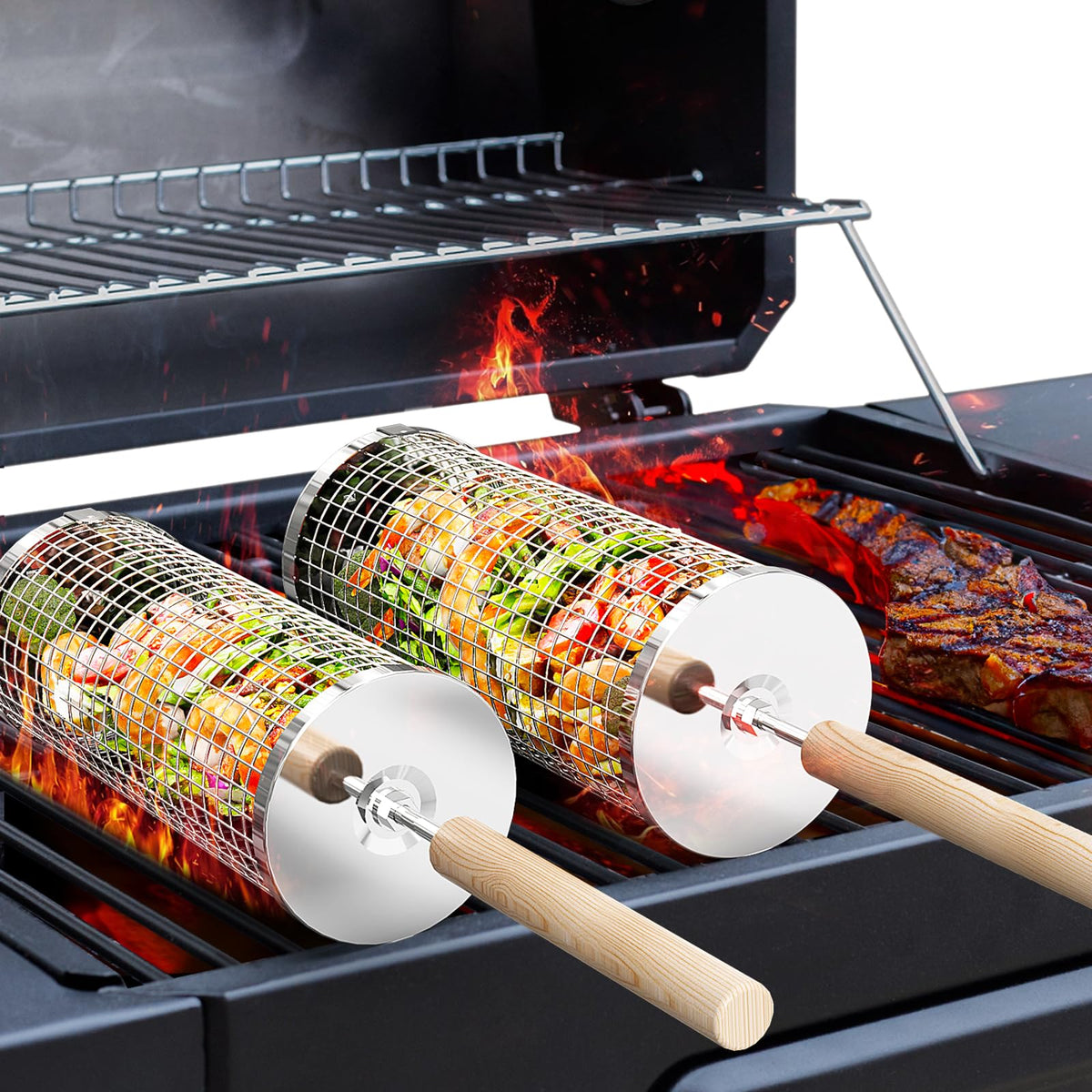 ivtivfu Rollender Grillkorb, abnehmbarer Holzgriff, Edelstahl 304, ineinandersteckbares Grillzubehör, Smoker-Grillzubehör für Gemüse, Outdoor-Camping, Geburtstagsgeschenke für Männer, Väter, Ehemänner