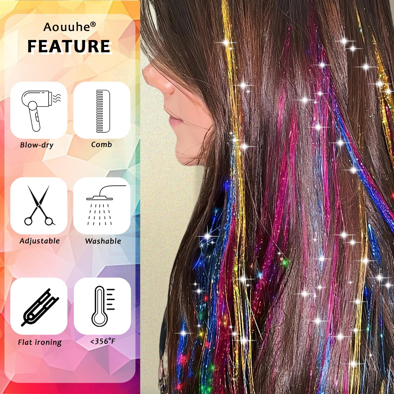 Aouuhe Hair Tinsel 24 Colors 7800 Strands Hair Tinsel Kit with Tools 48 Inch Glitter Tinsel Hair Extensions Festive Party Fairy Hair Tinsel Kit for Women Girls Hair Accessories