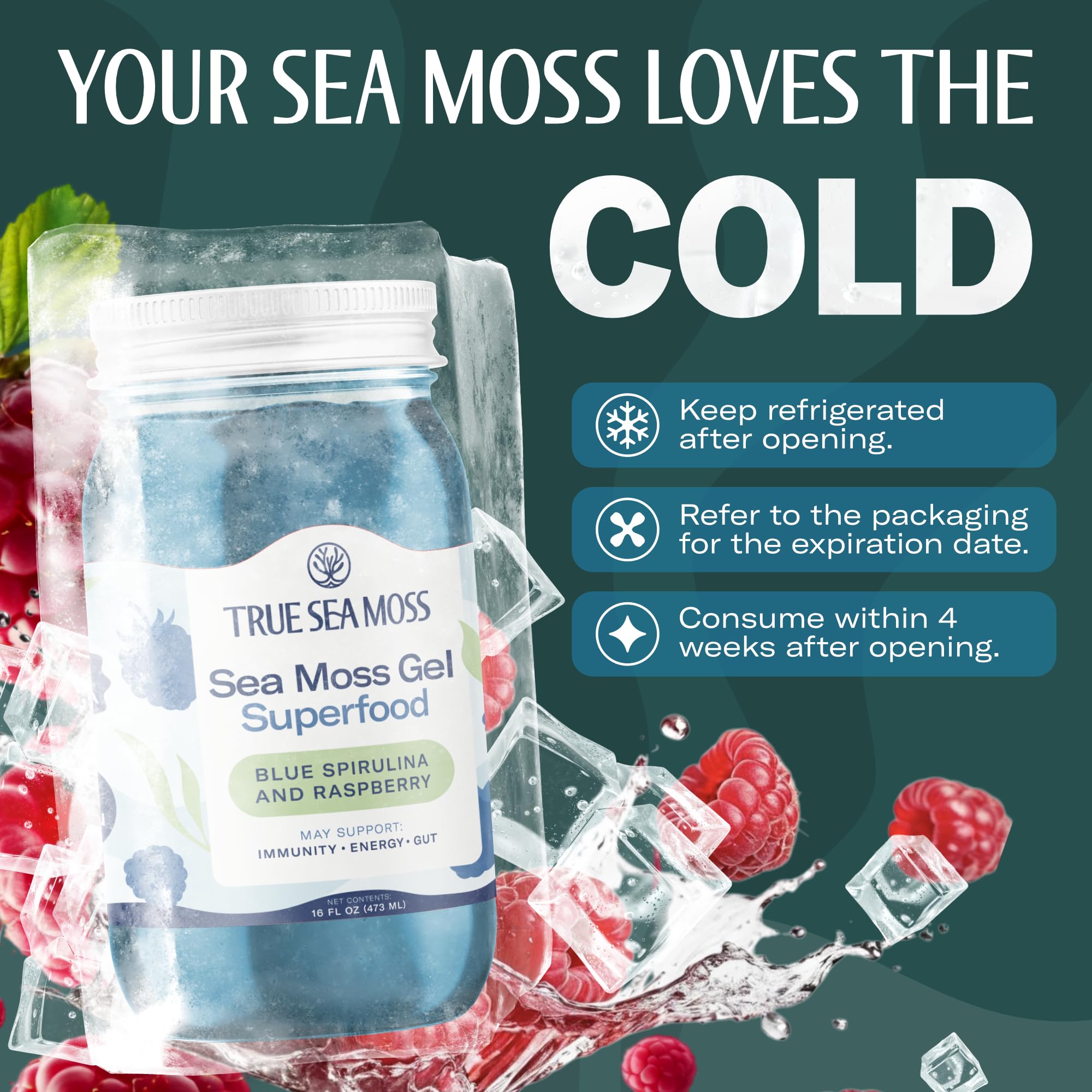TrueSeaMoss Sea Moss Gel – Made in USA – Wildcrafted Seamoss, Fresh Fruits & Sea Vegetables – Blue Spirulina, Pack of 1 (Labels may Vary)