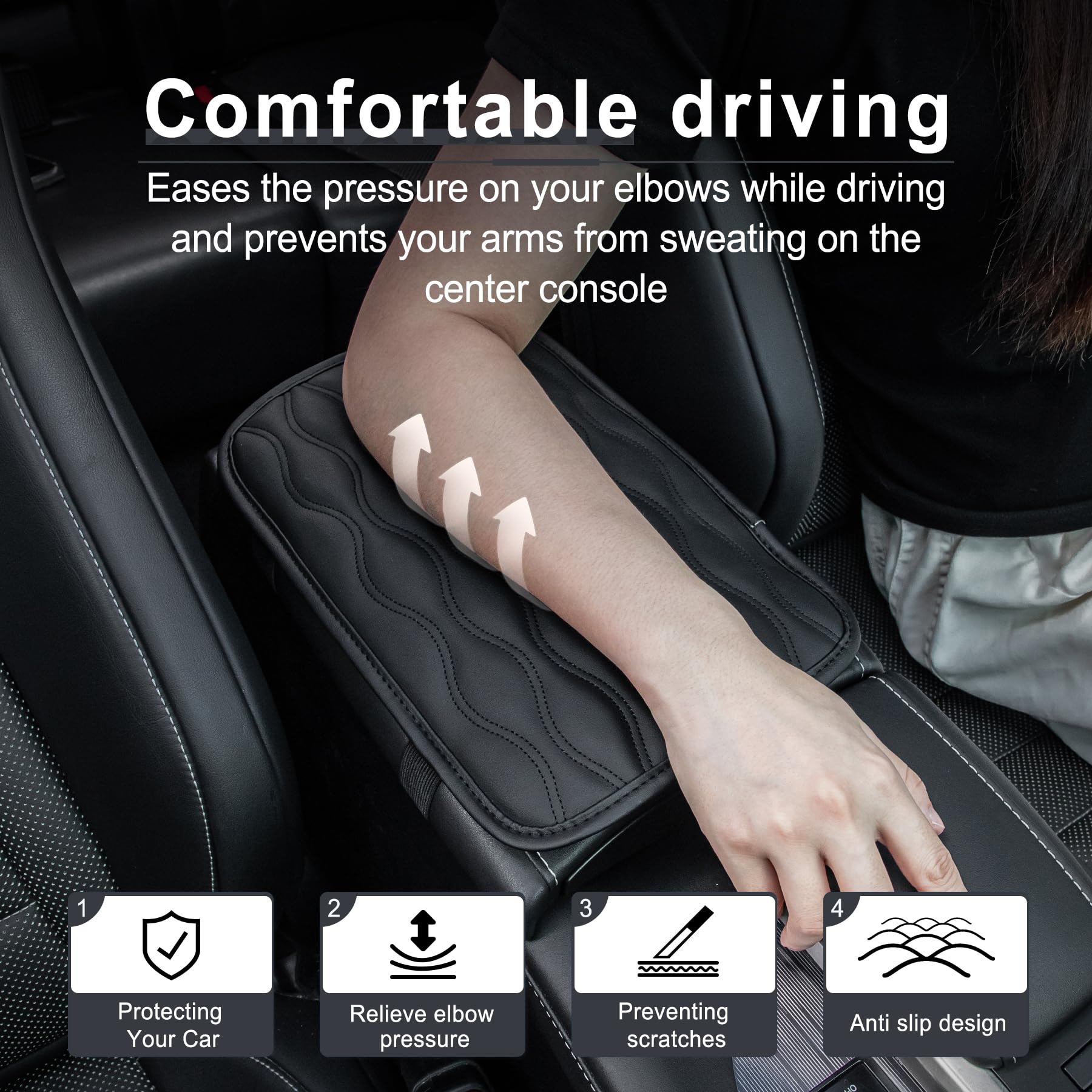 Amiss Auto Center Console Pad, Universal Waterproof Armrest Seat Box Cover, Car Interior Accessories, Leather Auto Armrest Cover Protector for Most Vehicle, SUV, Truck (Black)