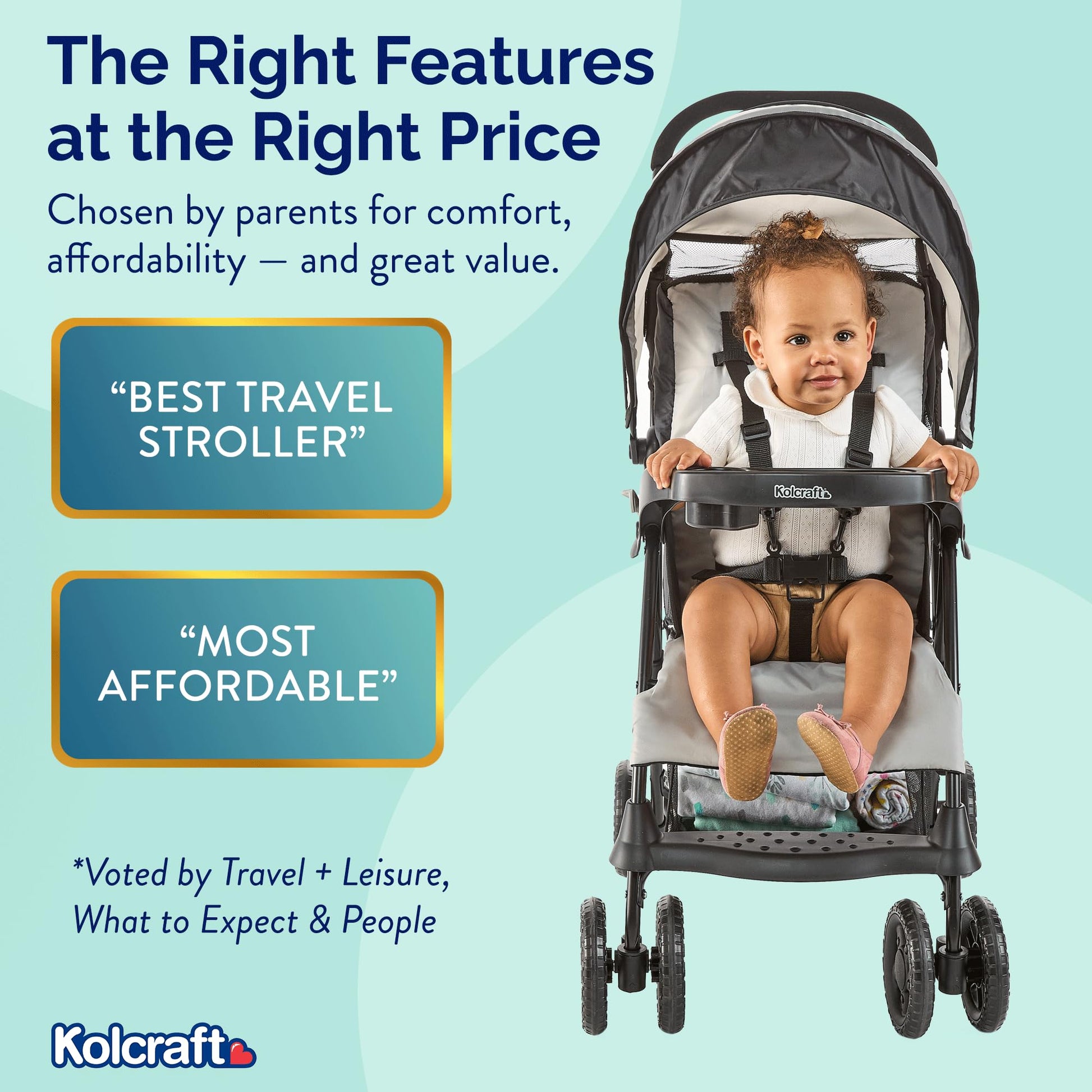 Kolcraft Cloud Plus Lightweight Umbrella Stroller for Toddlers with Reclining Seat, Large Storage Basket, Canopy, Infant & Parent Trays, Compact Fold for Summer Travel, Durable Frame, Slate Gray