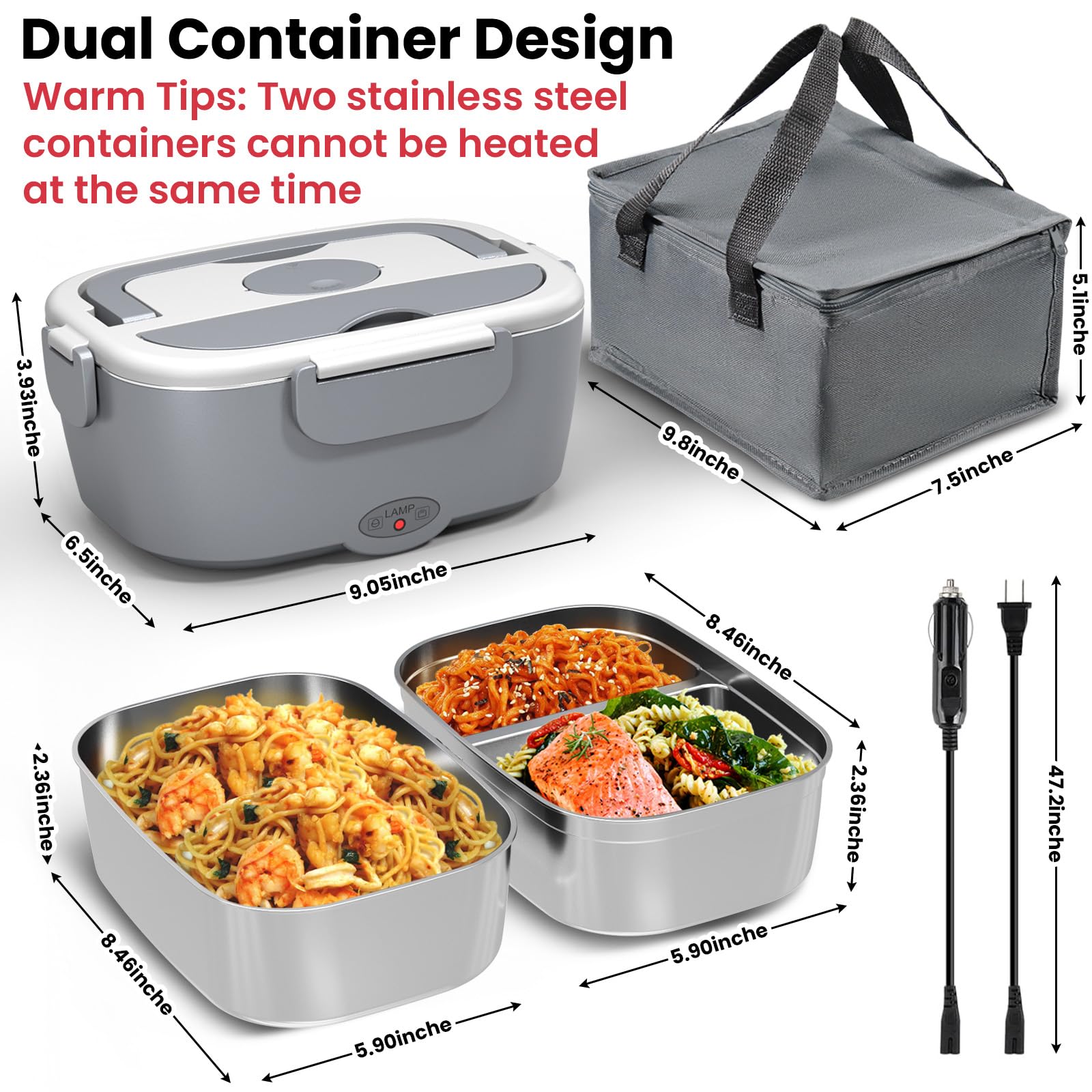 Electric Lunch Box for Adults - 80W Fast Heated Lunch Box for Men&Women with Dual 1.5L Stainless Steel Containers Fast Heating Portable Food Warmer for Car&Truck lonchera eléctrica portátil