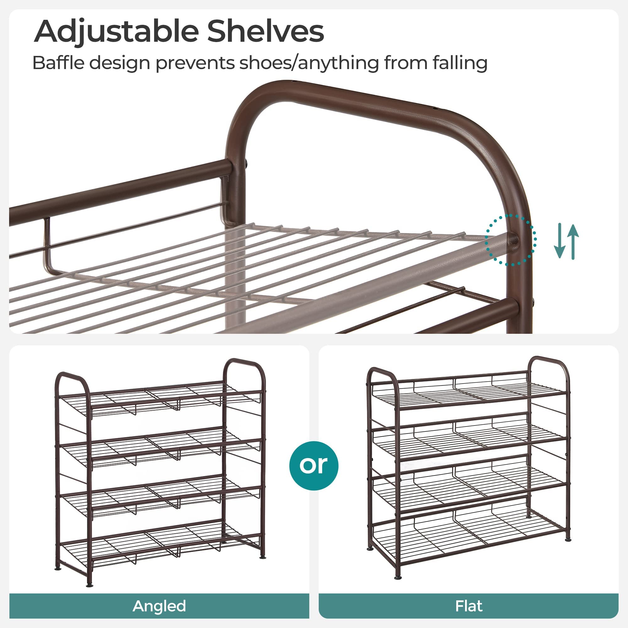 SONGMICS Stackable Shoe Rack, 4 Tier Metal Shoes Rack Storage Shelf, Holds up to 20 Pairs Shoes, Adjustable Slanted Shelves Tower Organizer for Closet Entryway Small Spaces, Bronze