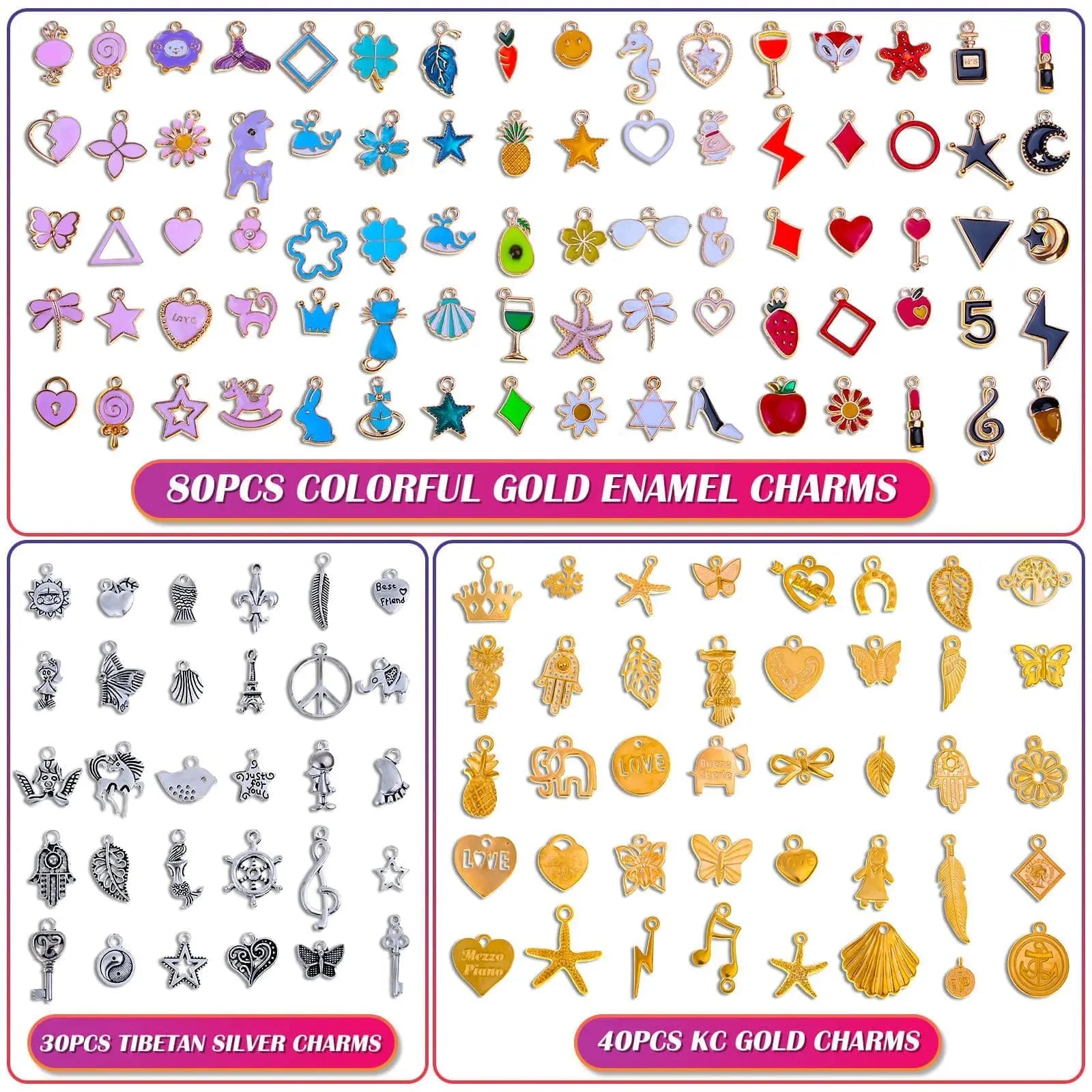 Mckanti 150PCS Bracelet Charms, Silver Bracelet Gold Plated Enamel Charms Pendants for Necklace Bracelet Jewelry Making and Crafting