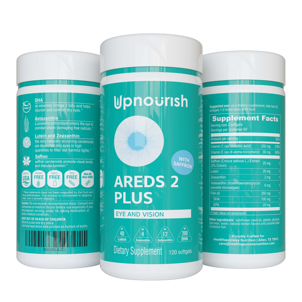 UpNourish AREDS 2+ – Fortschrittliches Augen-Vitamin-Supplement für Makula-Gesundheit und trockene Augen – Lutein, Zeaxanthin, Safran, Astaxanthin & DHA – Unterstützt bei Augenbelastung, -druck, Nachtsicht – 120 Weichkapseln