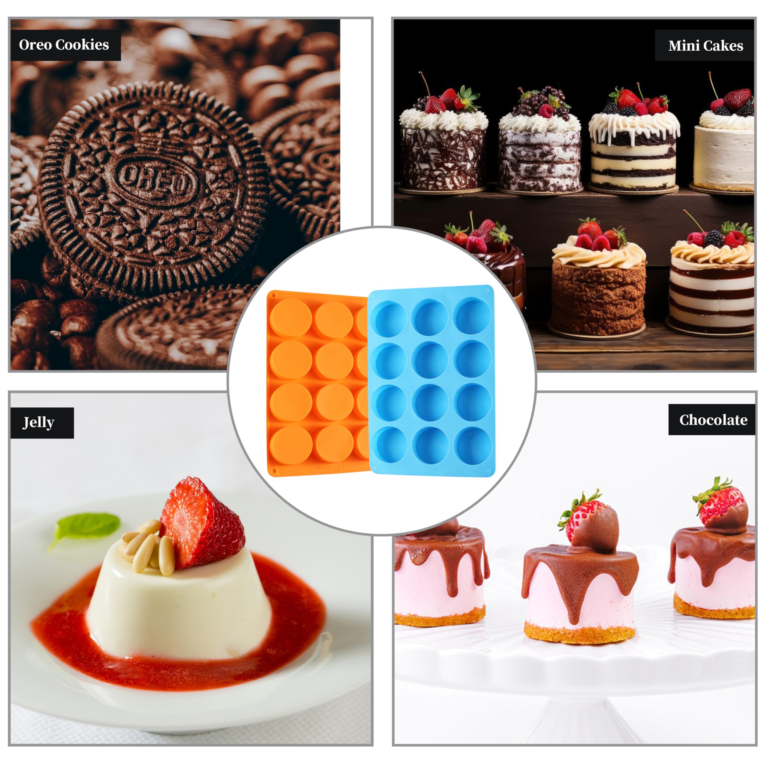 2PCS Silicone Oreo Molds, LCCOWOT 12 Cavity Cookie Chocolate Round Silicone Mold, Baking Mold for Chocolate, Oreo, Cookie, Cany, Mini Cake, Dishwasher Safe (Orange+Blue)