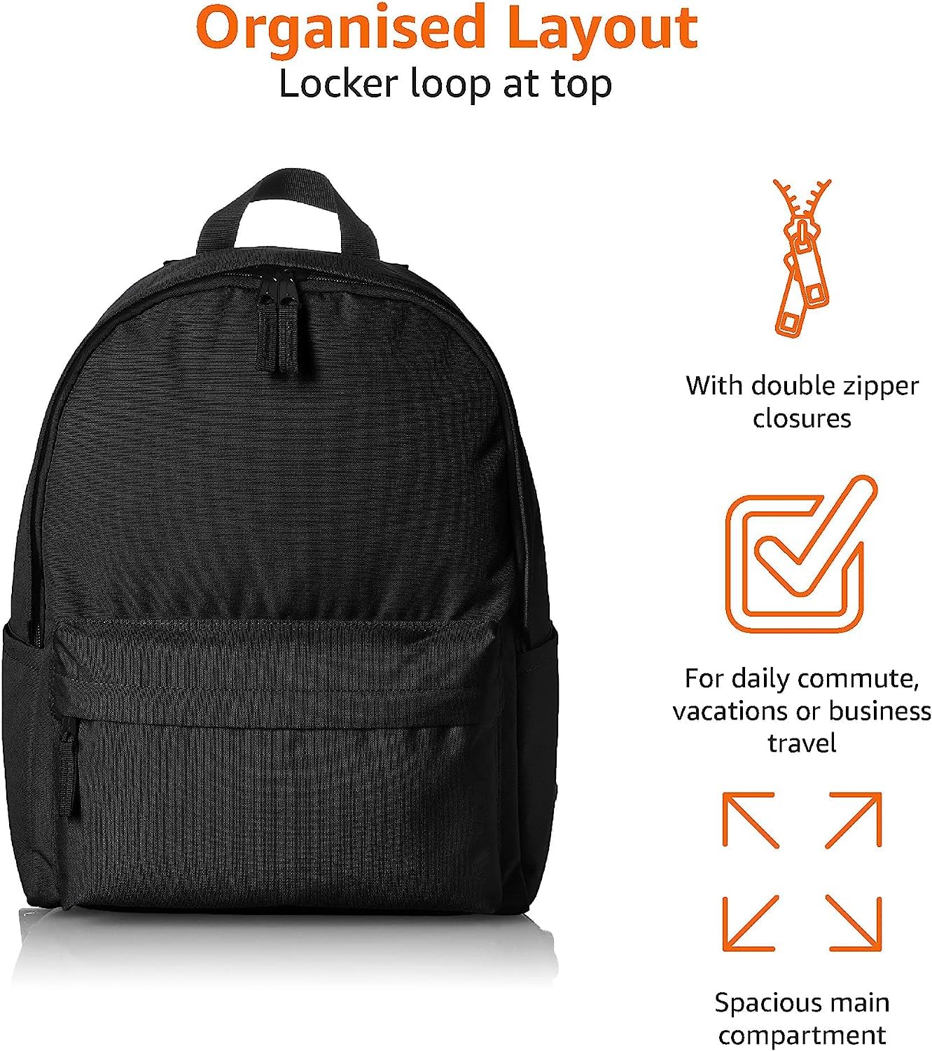 Amazon Basics Backpack for School, Study, Travel, Durable Classic Design, Book Bag, Black
