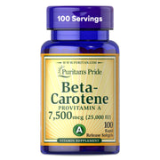 Puritan's Pride Beta Carotene Provitamin A 7,500mcg (25,000 IU), Vitamin Supplement for Immune System, Antioxidant and Eye Health Support, 100 Day Supply, 100 Rapid Release Softgels