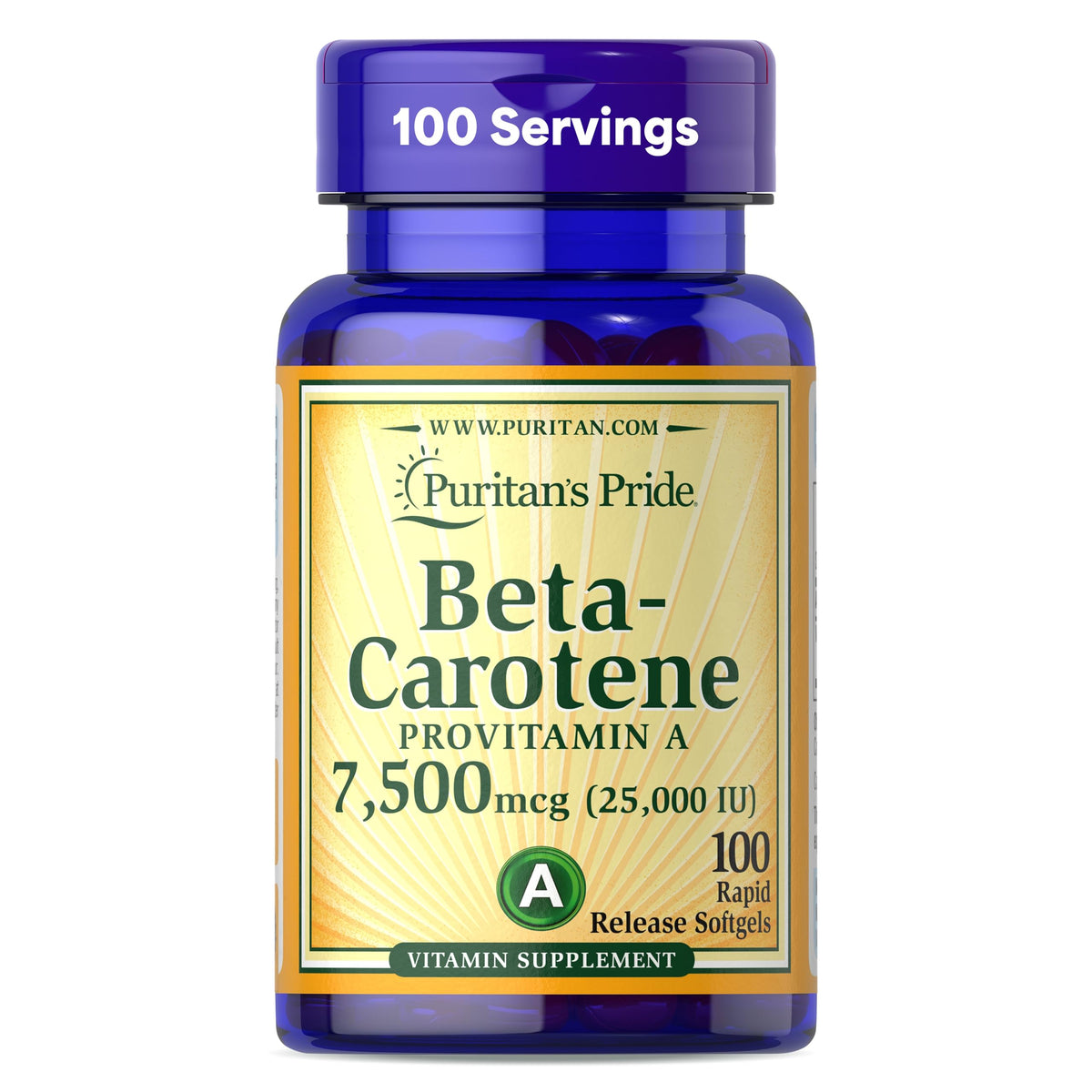 Puritan's Pride Beta Carotin Provitamin A 7.500mcg (25.000 IE), Vitaminpräparat zur Unterstützung des Immunsystems, als Antioxidans und für die Augengesundheit, Vorrat für 100 Tage, 100 schnell freisetzende Softgels