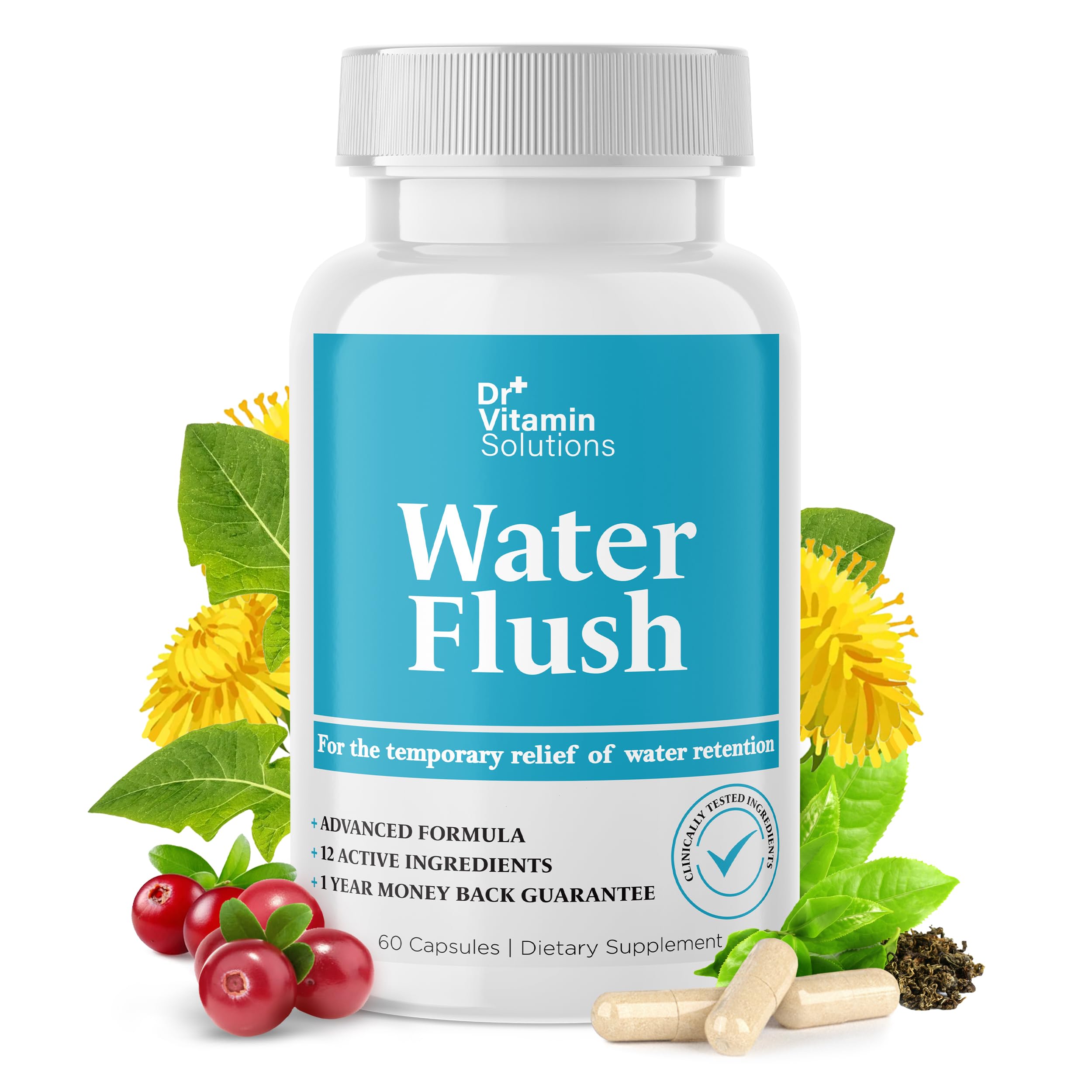 DR VITAMIN SOLUTIONS حبوب إدرار البول للتحكم بالوزن، 12 مكونًا فعالًا (الشاي الأخضر، التوت البري وأكثر)، راحة فورية من الانتفاخ والتورم، حبوب احتباس الماء للنساء والرجال - 60 كبسولة