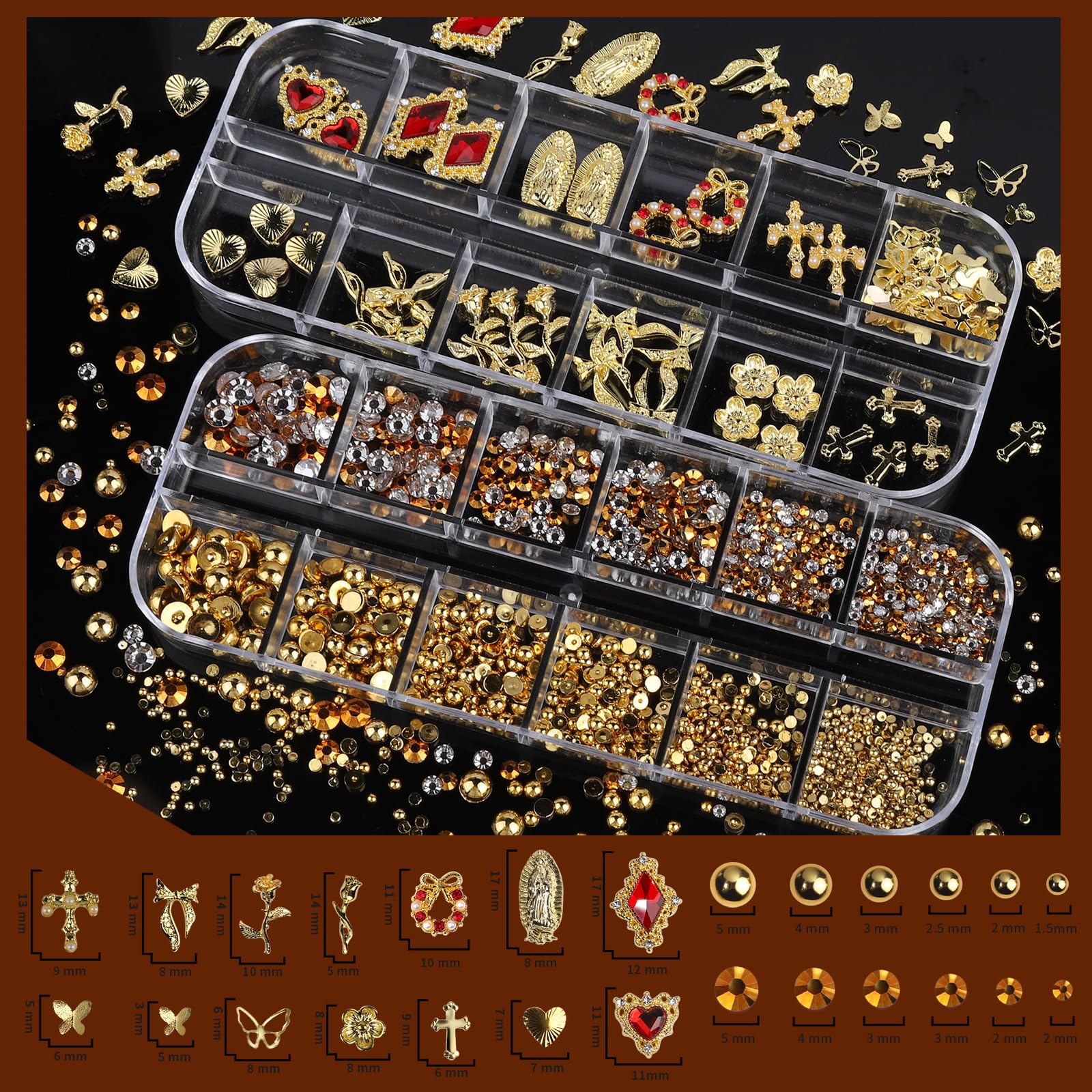 Teenitor Gold Nail Charms and Gems Set, 4 Boxes Nail Gems Nail Pearls Nail Art Tools, 3D Cross Nail Charms Heart Nail Rhinestones for Nails Supplies, Charms for Nails Design Nail Art Kit