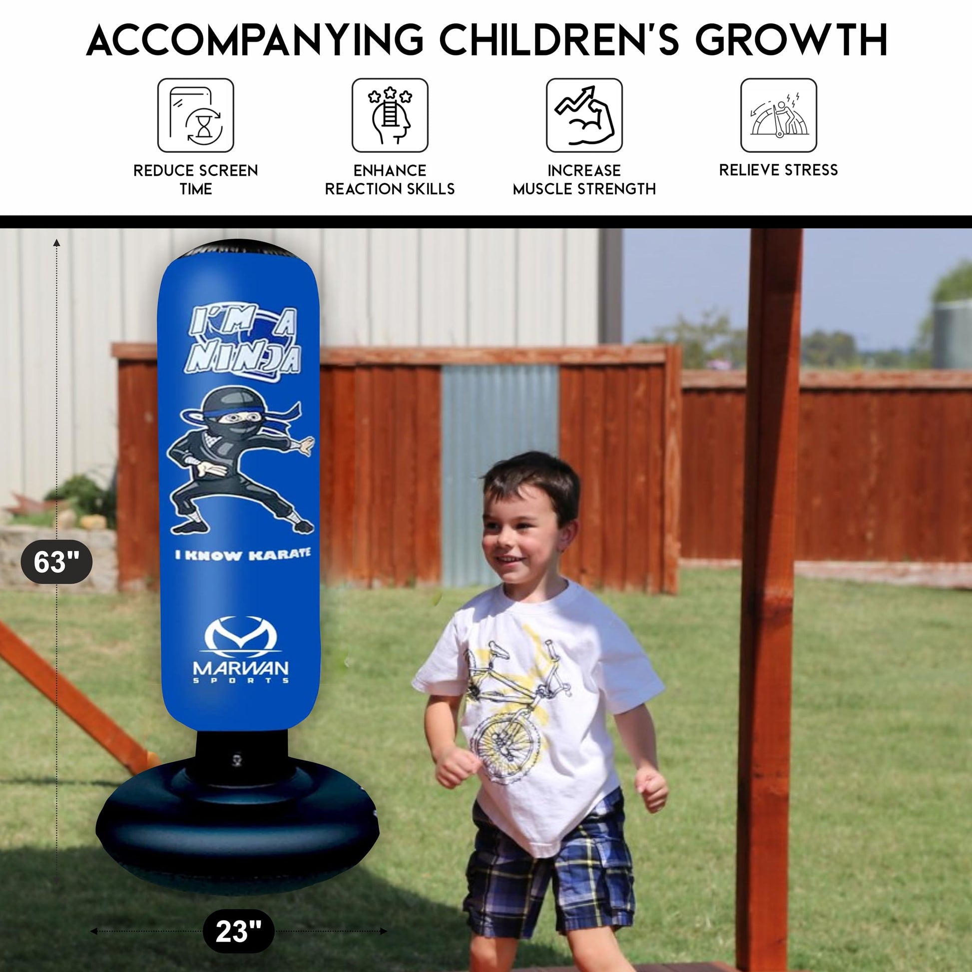 Marwan Sports Inflatable Punching Bag for Kids – 5-in-1 Birthday Set with Gloves, Pump & Fast Rebound – Fun Active Toy for Boys Ages 4-12