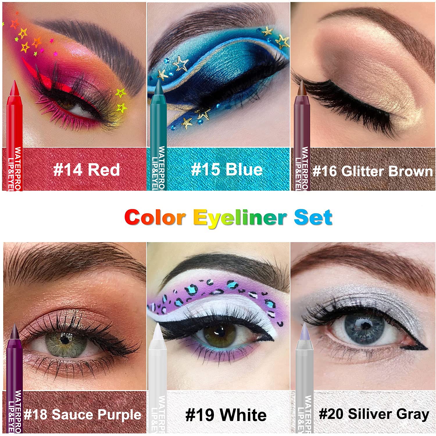 LemonSac 15PCS Colorful Eyeliner Pen Set, Eye Shadow Pencil, Pearl & Matte Metallic Glitter Eyeliner for Women, Eye & Lip Liner, Professional Eye Makeup Set