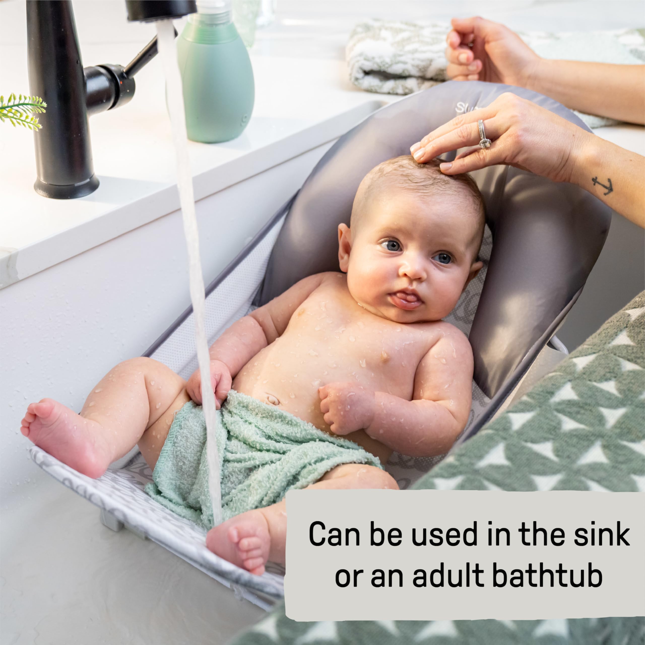 Ingenuity Foldaway 2-Position Baby Bath Seat, Adjustable Support for Sink or Bathtub, Ages 0-6 Months up to 20 Pounds, Machine-Washable Sling