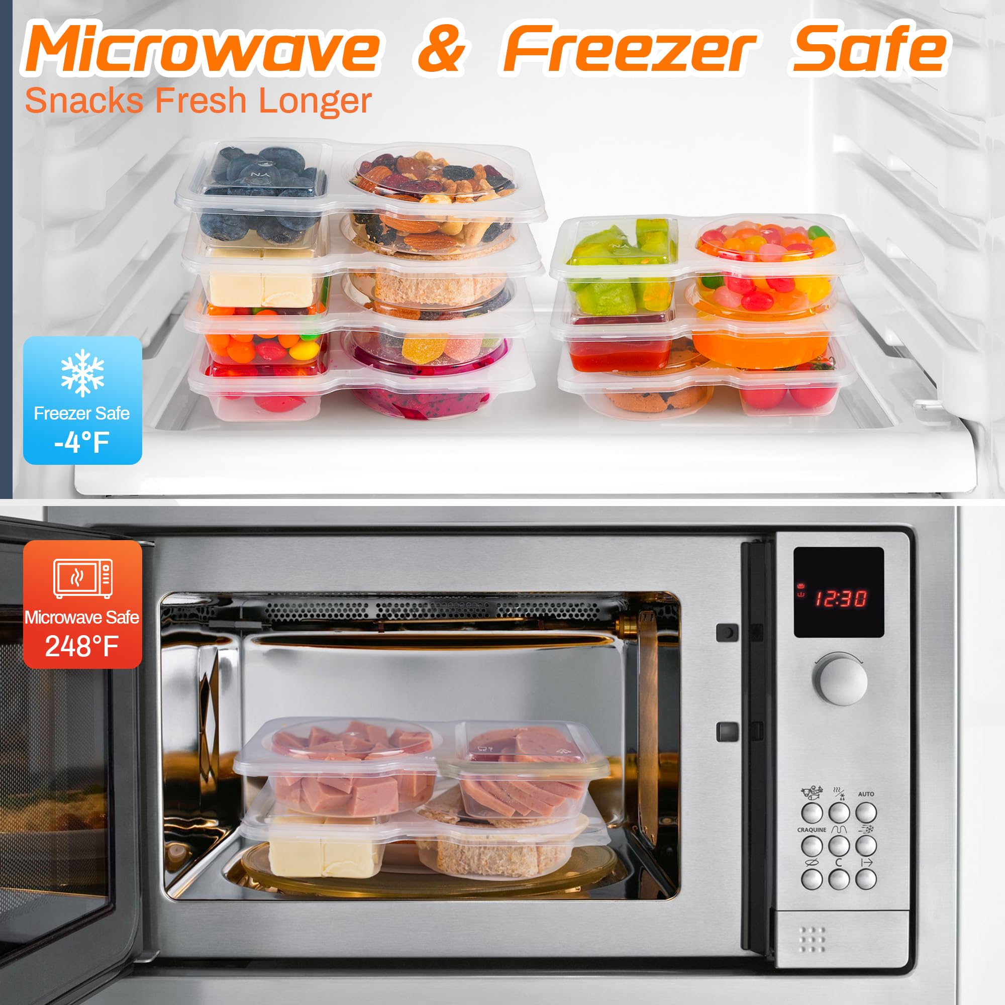 ALFEVA 24 Pcs reusable snack containers with Lids, snack containers for kids adults10 Forks, snack pack containers - Lightweight and Stackable, Microwaveable/refrigerator safe