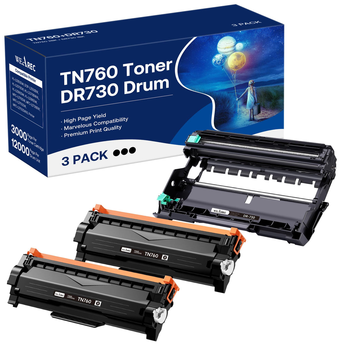 WEAREC TN760 Tonerkartusche und DR730 Trommeleinheit Ersatz für Brother TN-760 TN730 DR730 DR 730 Kompatibel mit DCP-L2550DW HL-L2350DW HL-L2390DW HL-L2395DW Drucker (2 Toner, 1 Trommel, 3er-Pack)