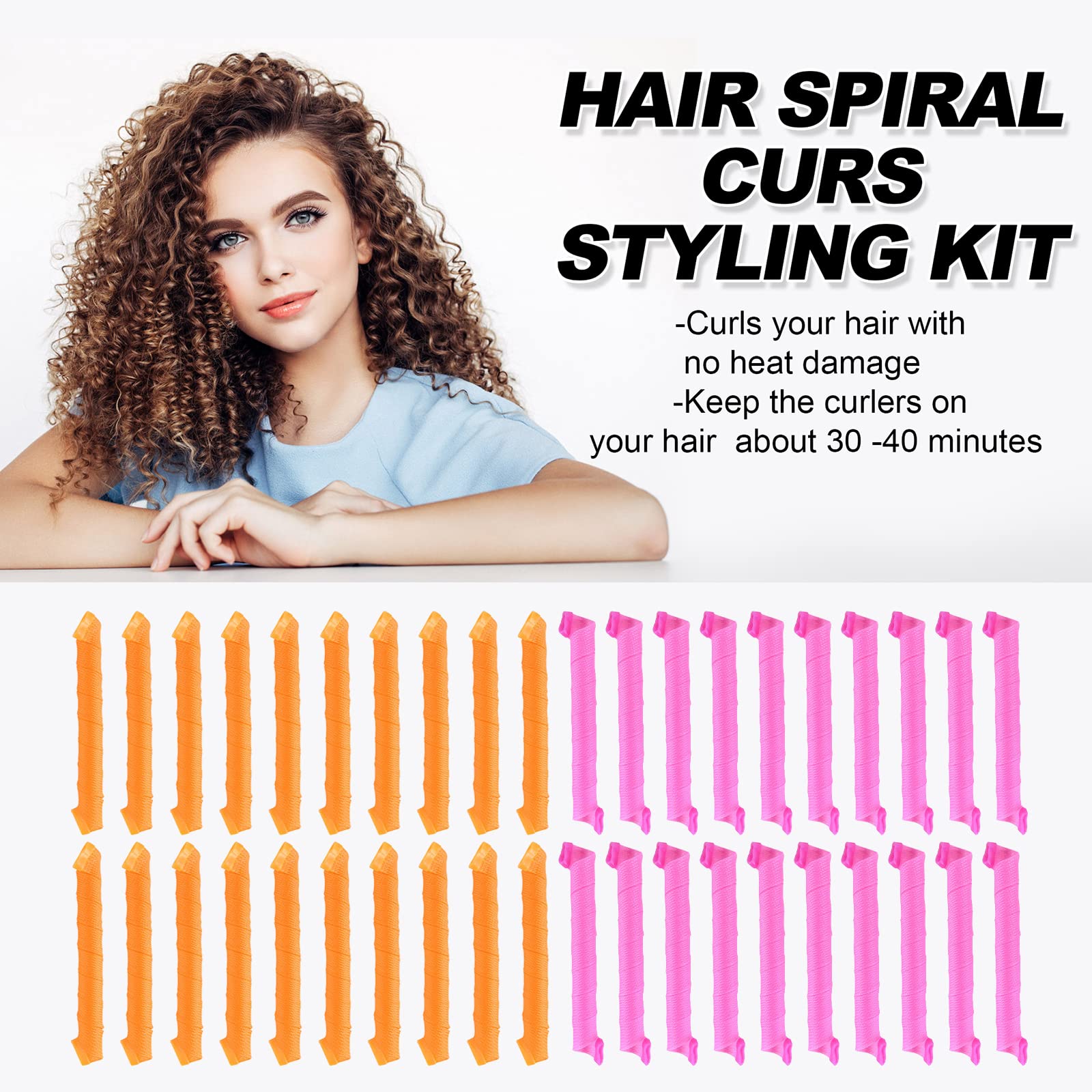 40pcs Heatless Spiral Hair Curlers for Long Hair - Heatless Curls Overnight 22inch Magic Magic Hair Rollers No Heat Curlers with 6pcs Styling Hook