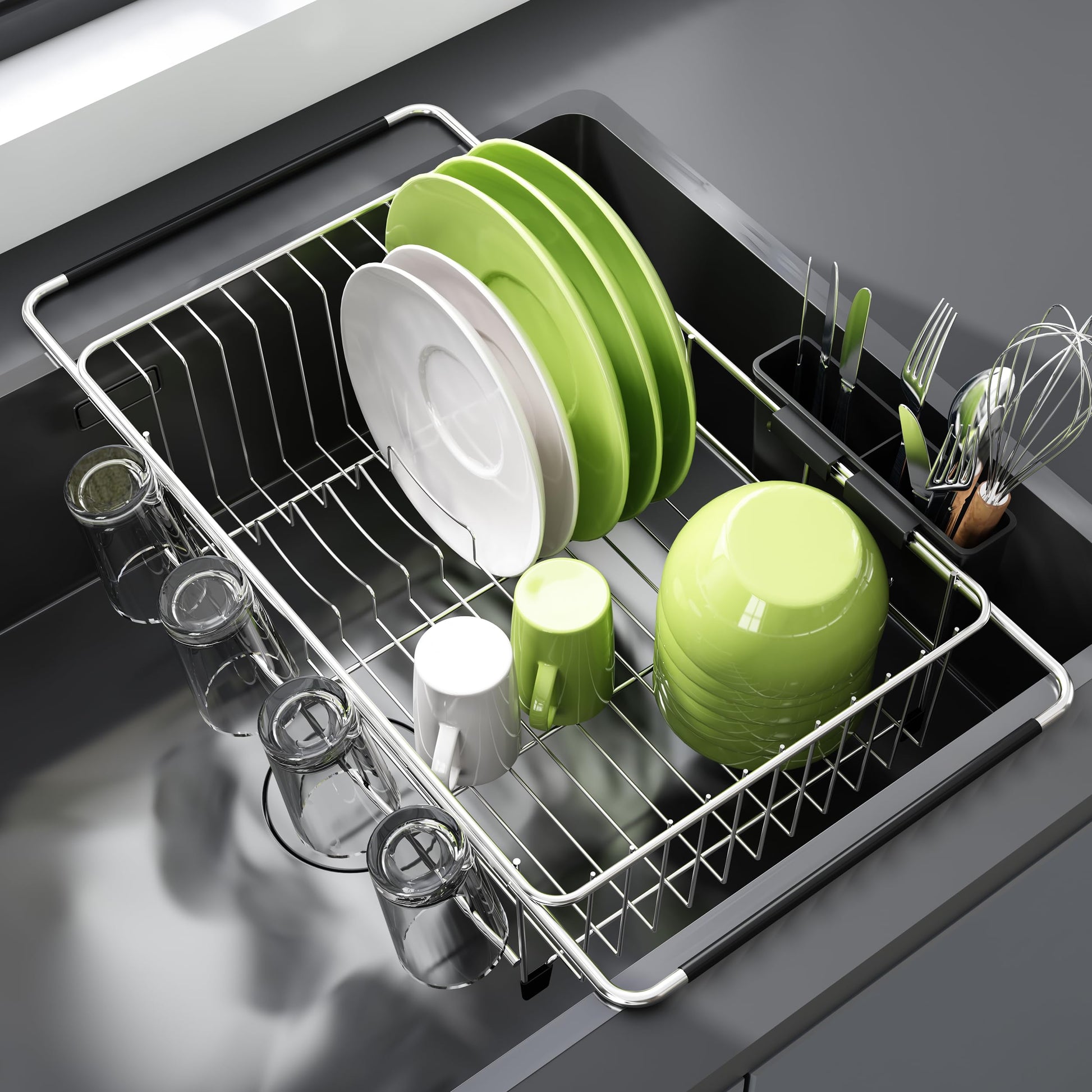 JASIWAY Dish Drying Rack in Sink, Expandable Stainless Steel Dish Drainers for Kitchen Counter, Dish Dryer Rack for Inside Sink, Over The Sink Dish Racks with Utensil Holder, Silver