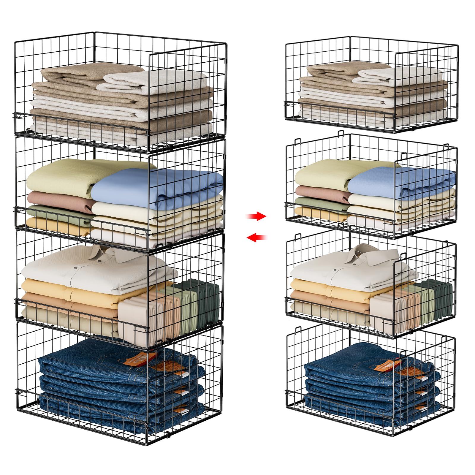 Yociyoga 4-Tier Stackable Closet Organizers and Storage Shelves, Clothes Shelf Organizer Basket Bins, Foldable Sweater Storage for Closet Organizer System, Black (Patent Pending)