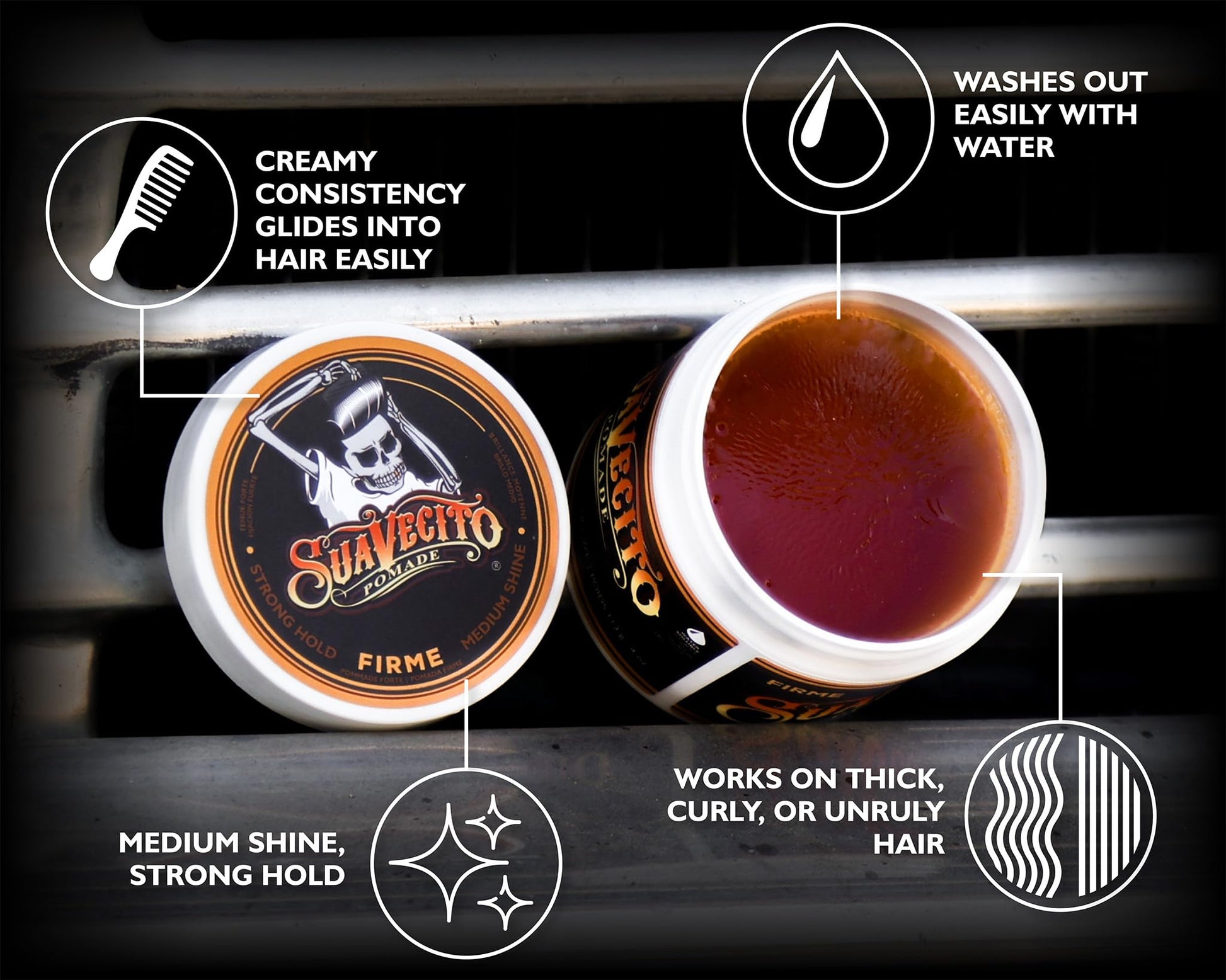 Suavecito Pomade Firme (Strong) Hold 4 oz, 1 Pack - Pomade For Men - Medium Shine Water Based Wax Like Flake Free Hair Gel - Easy To Wash Out - All Day Hold For All Hair Styles