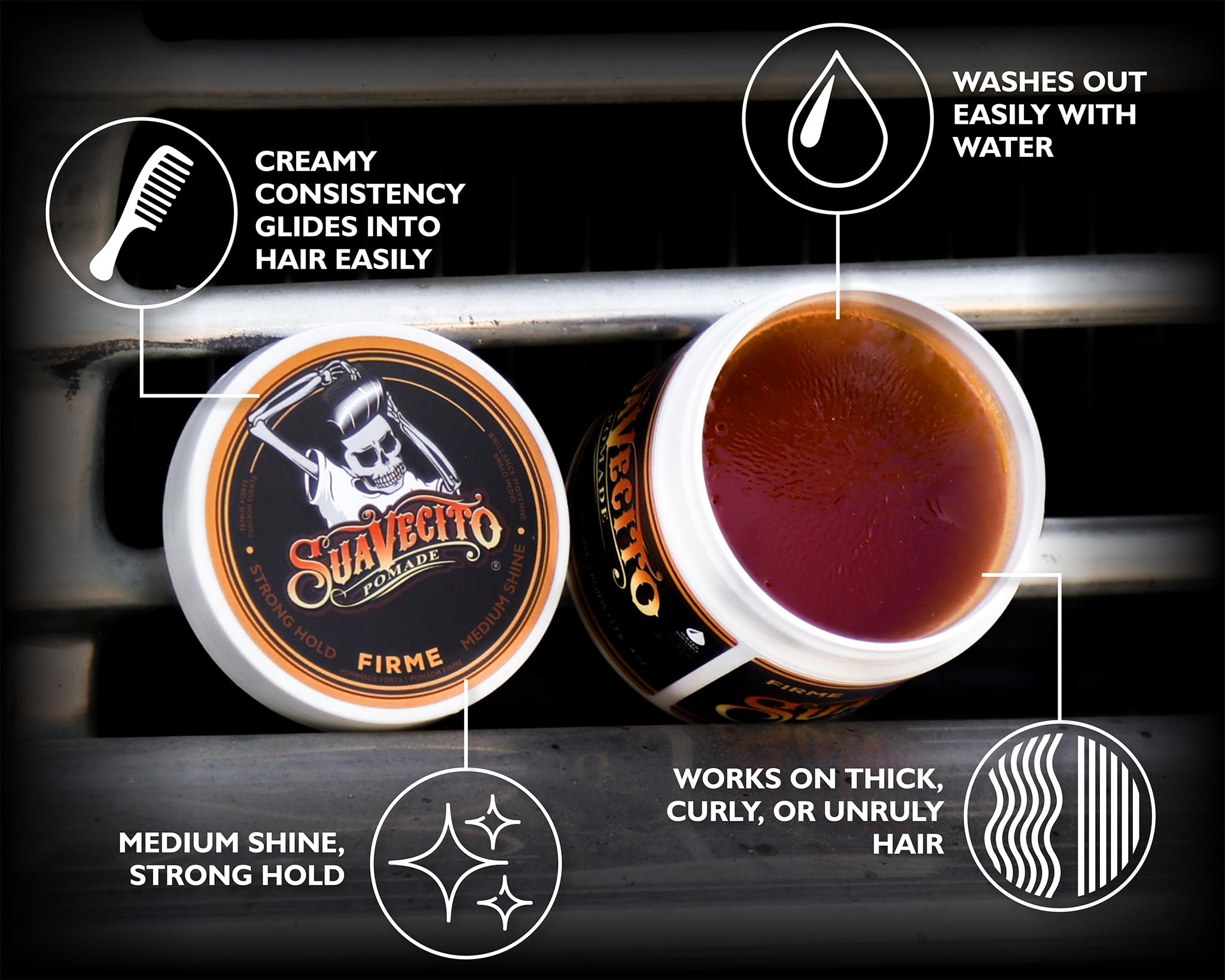 Suavecito Pomade Firme (Strong) Hold 4 oz, 1 Pack - Pomade For Men - Medium Shine Water Based Wax Like Flake Free Hair Gel - Easy To Wash Out - All Day Hold For All Hair Styles