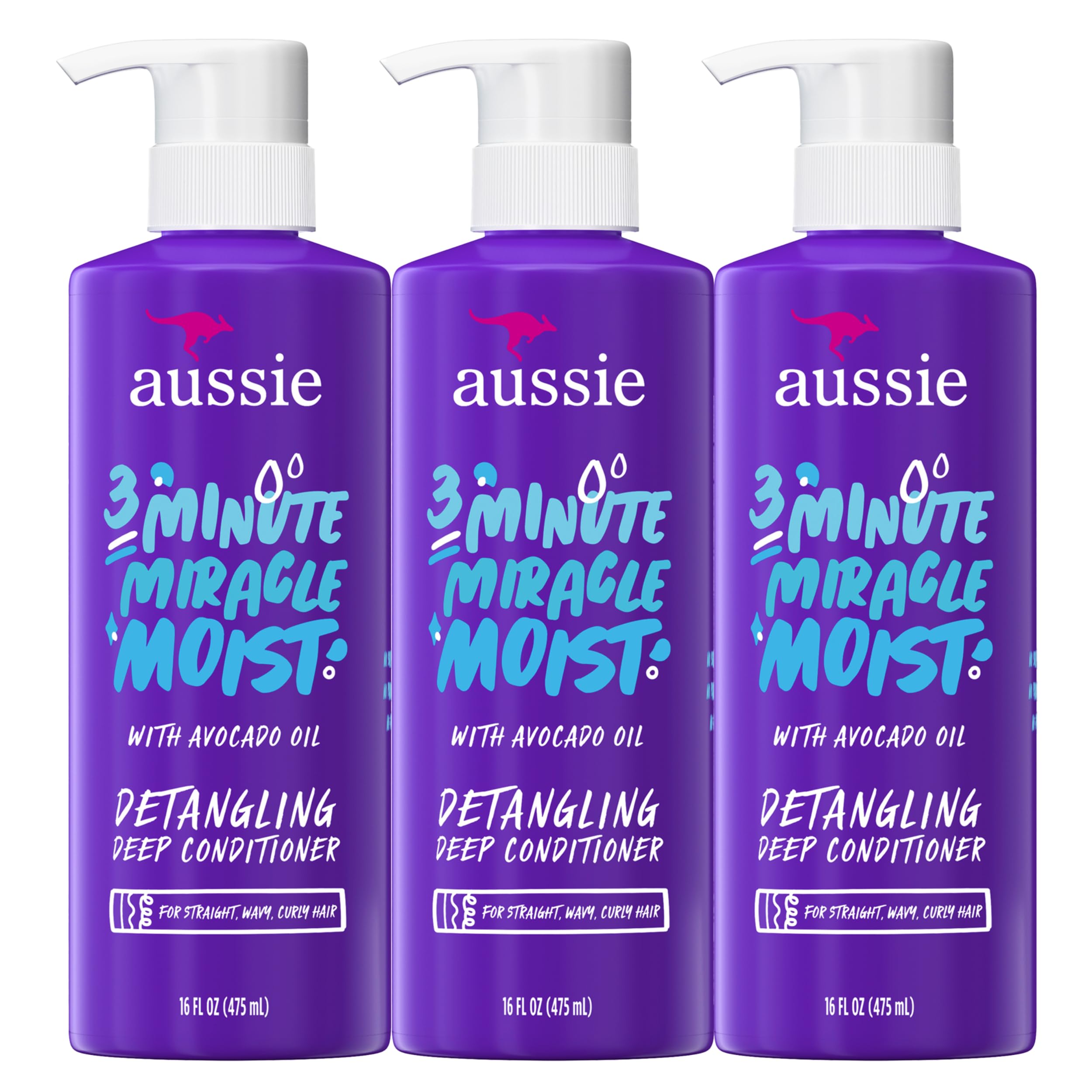 بلسم Aussie 3 Minute Miracle Moist العميق للشعر الجاف، بزيت الأفوكادو والجوجوبا، آمن للشعر المصبوغ، ترطيب مغذٍ، لمعان حريري، خالٍ من البارابين، سعة 16 أونصة سائلة لكل عبوة، عبوة ثلاثية