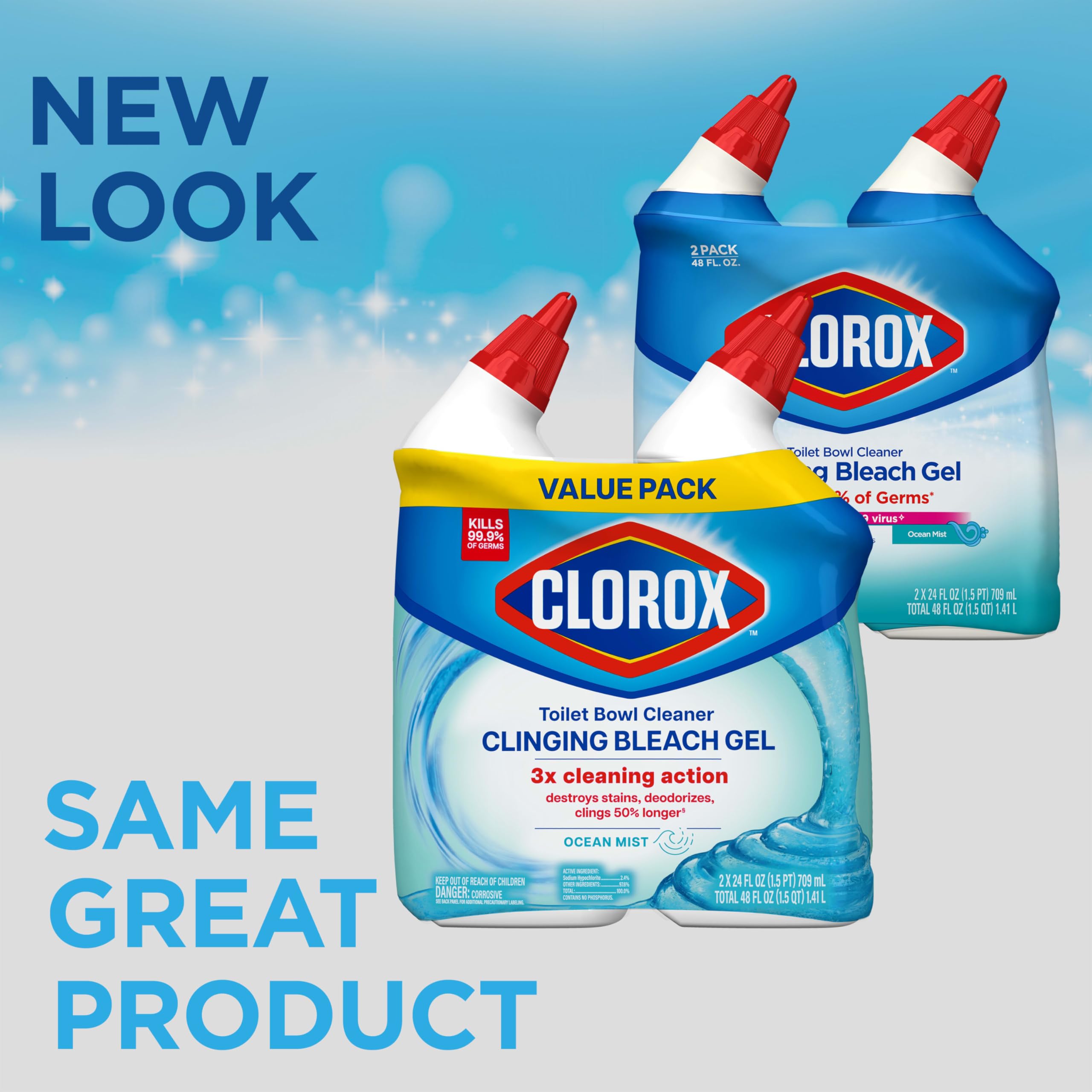 CLOROX Toilet Bowl Cleaner Clinging Bleach Gel, Ocean Mist, 24 Fl Oz, Pack of 2 (Package May Vary)