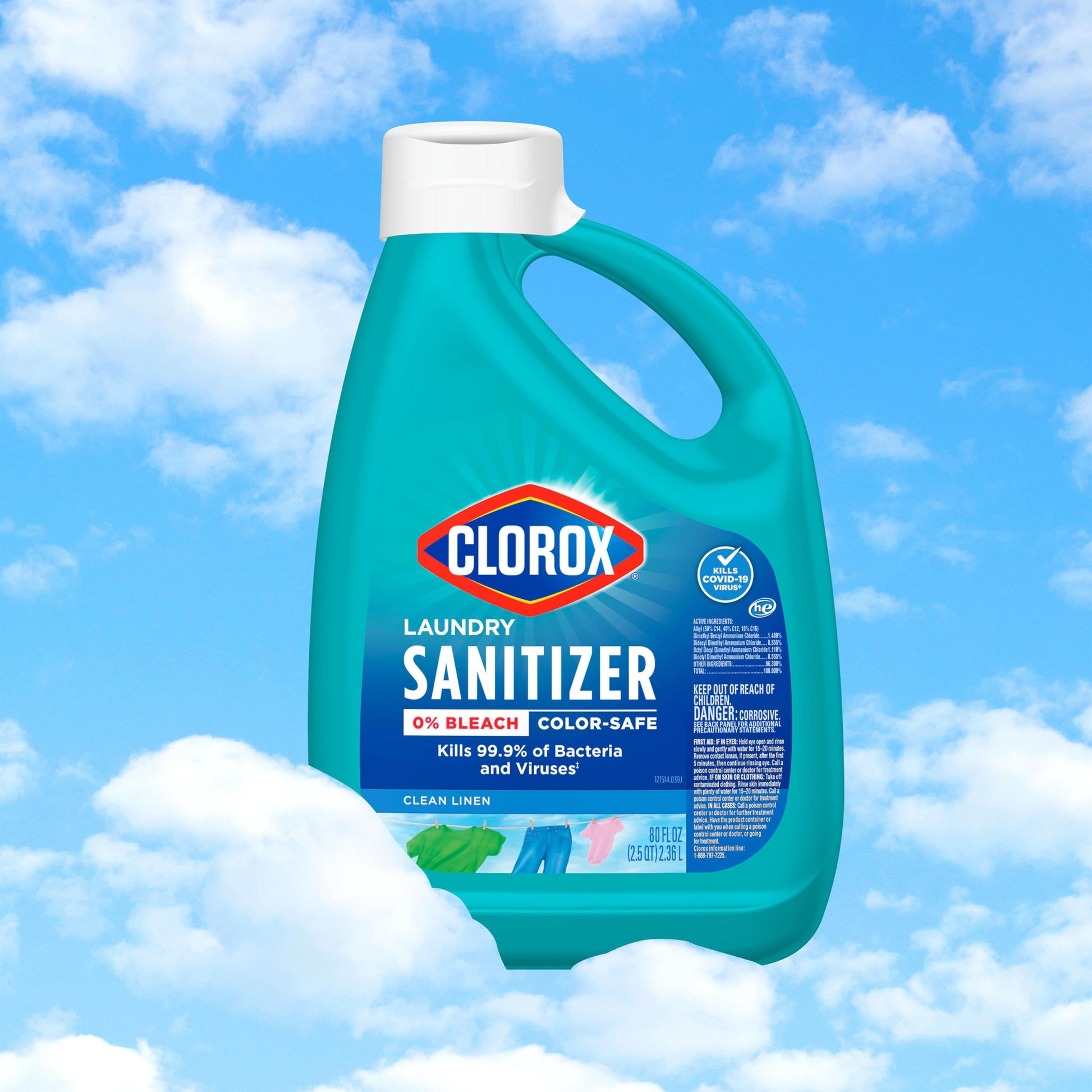 CLOROX Laundry Sanitizer, 0% Bleach, Color Safe, Clean Linen, 80 Fl oz, Pack of 2 (Pack May Vary)
