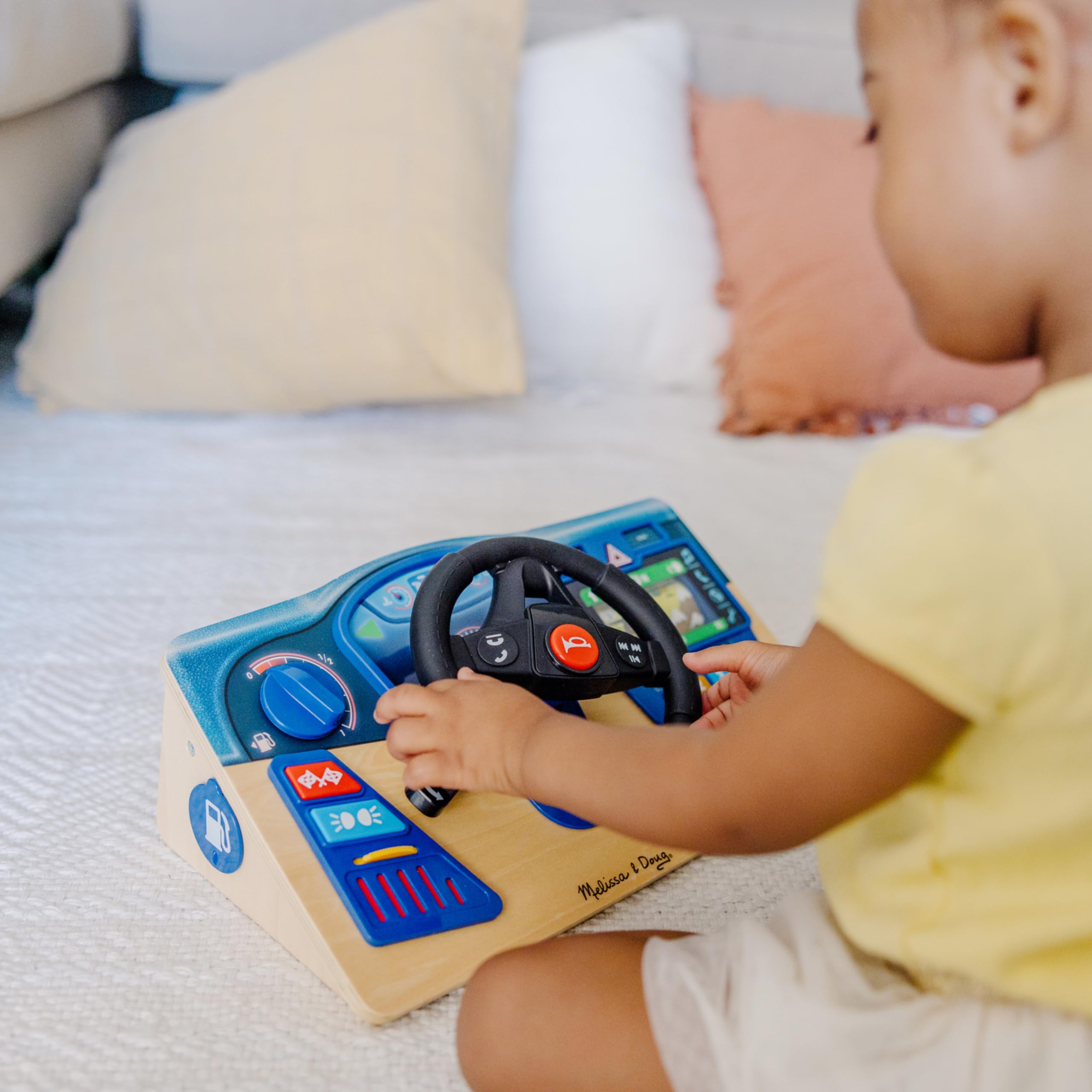 Melissa & Doug Vroom & Zoom, Interactive Wooden Dashboard, Racing Car Steering Wheel Toy, Lights & Sounds, Preschool Learning Toys for Girls & Boys 3+ - FSC Certified