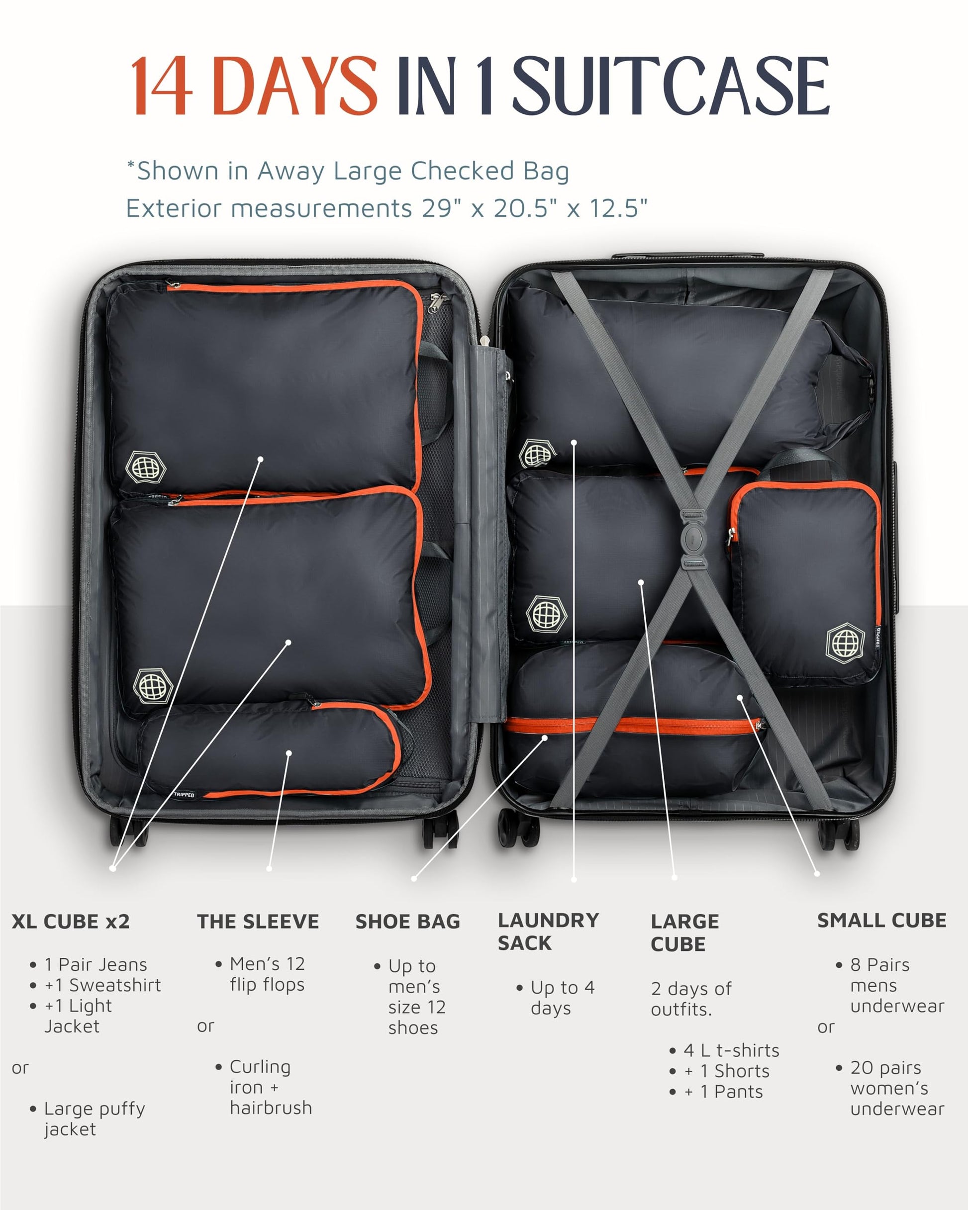 Large Compression Packing Cubes for Travel-Packing Cube Luggage Organizers 7 Piece Set for Checked Luggage-Ultralight, Expandable/Compression Bags by TRIPPED Travel Gear (Grey/Orange)