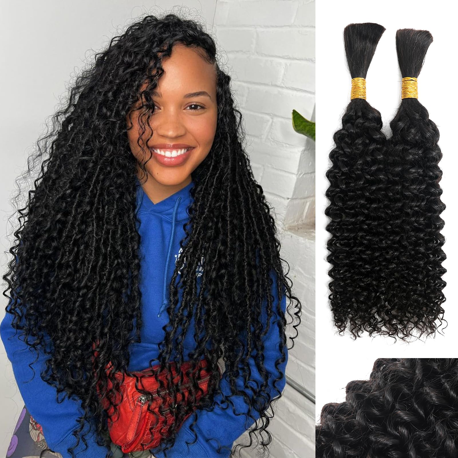 100 % menschliches Flechthaar für Boho-Zöpfe, lockiges Echthaar zum Flechten, volles Echthaar zum Flechten, nass und wellig, 100 g, 2 Bündel, ohne Tressen, Mikro-Flechthaar, Echthaarverlängerungen YNiSew