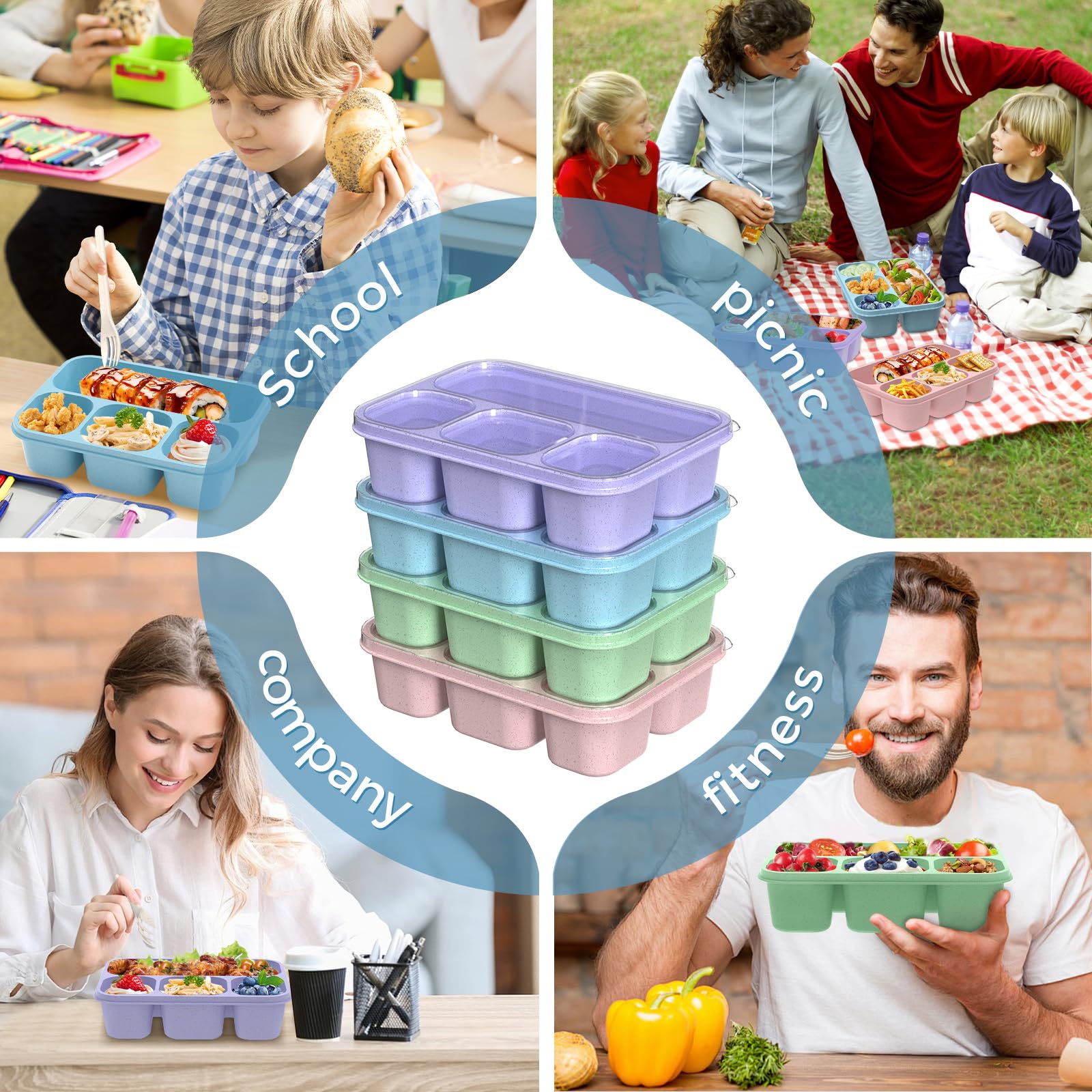 KHOXU Snackle Box Container, 4-Compartment Bento Lunch Box for Kids Women Men Adults, 44Oz/1300ML Meal Prep Boxes Reusable with 2 Sauce Containers & Utensils, 4 Pack (Wheat)