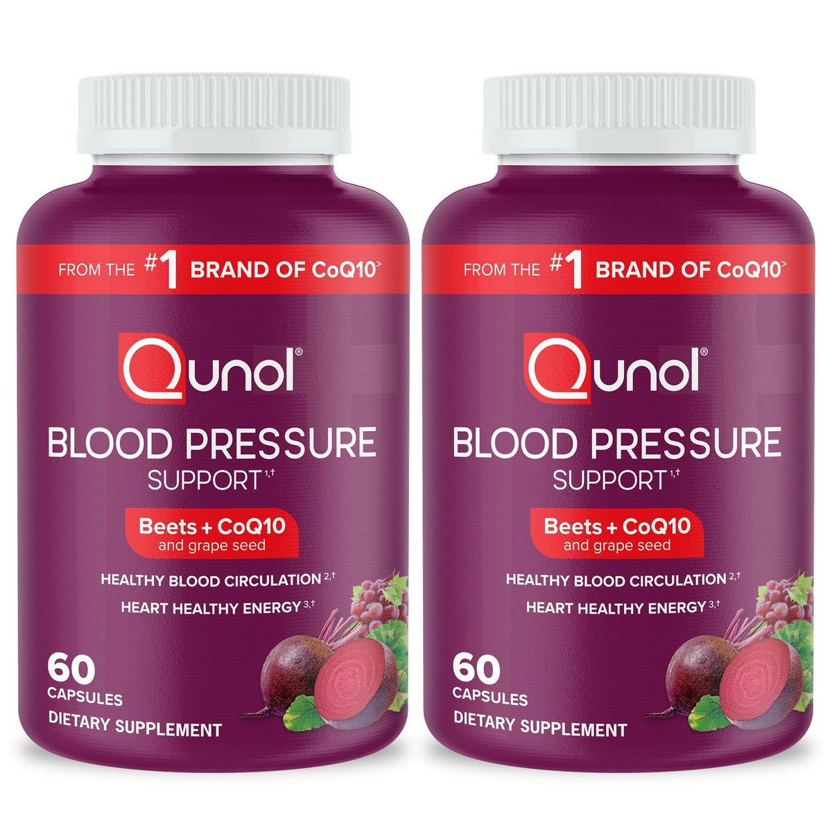 Qunol Blutdruck-Unterstützung, 3-in-1 Rote Bete + CoQ10 + Traubenkernextrakt, Rote Bete Kapseln, die eine gesunde Blutzirkulation und herzgesunde Energie unterstützen, 60 Kapseln (2er-Pack)