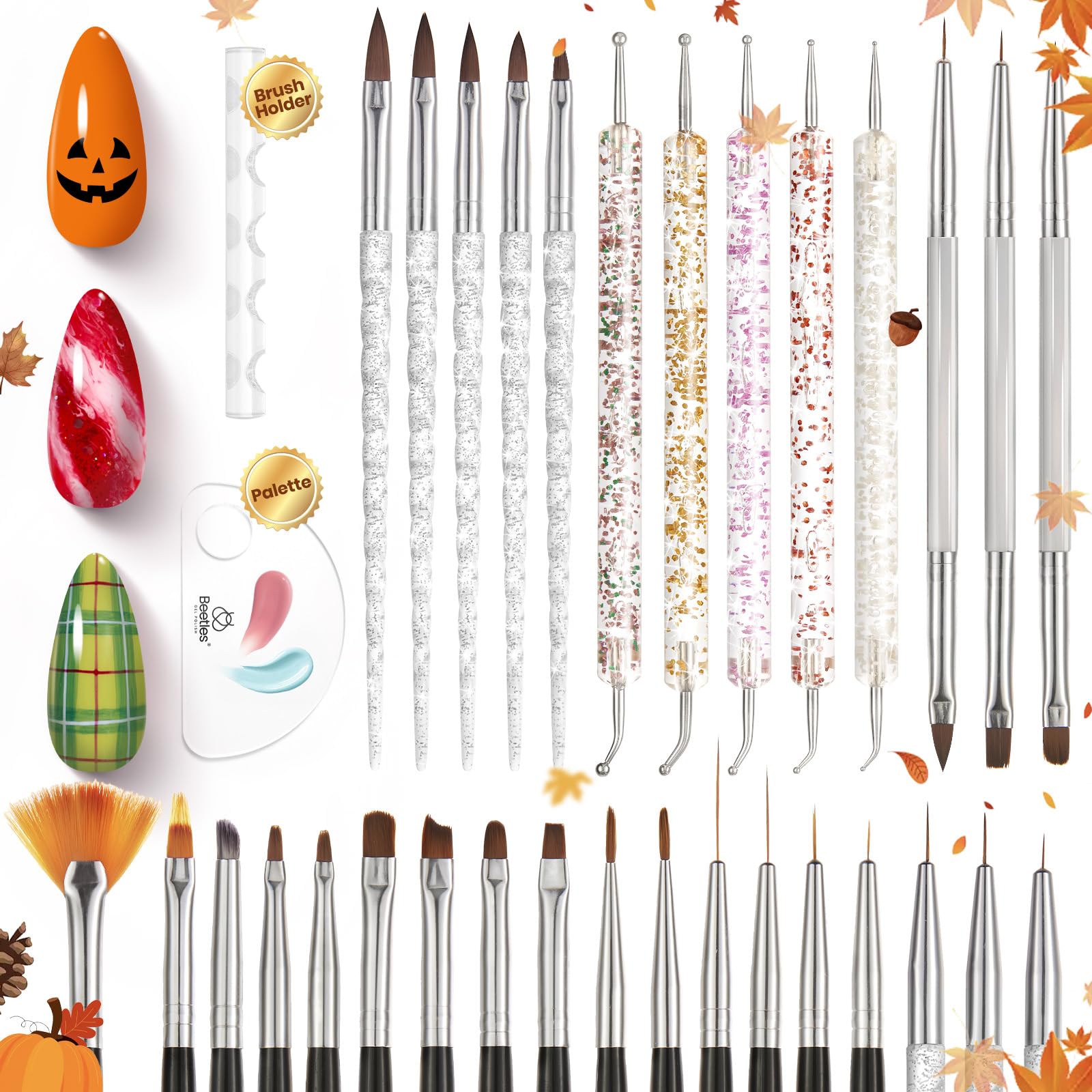 Beetles 31pcs Nail Art Brushes, Dotting Tools, Nail Art Pens, Dust Brush, Striping Liner Fingernail Drawing Pens with Palette Holder All in One for Starter Manicure Design Set