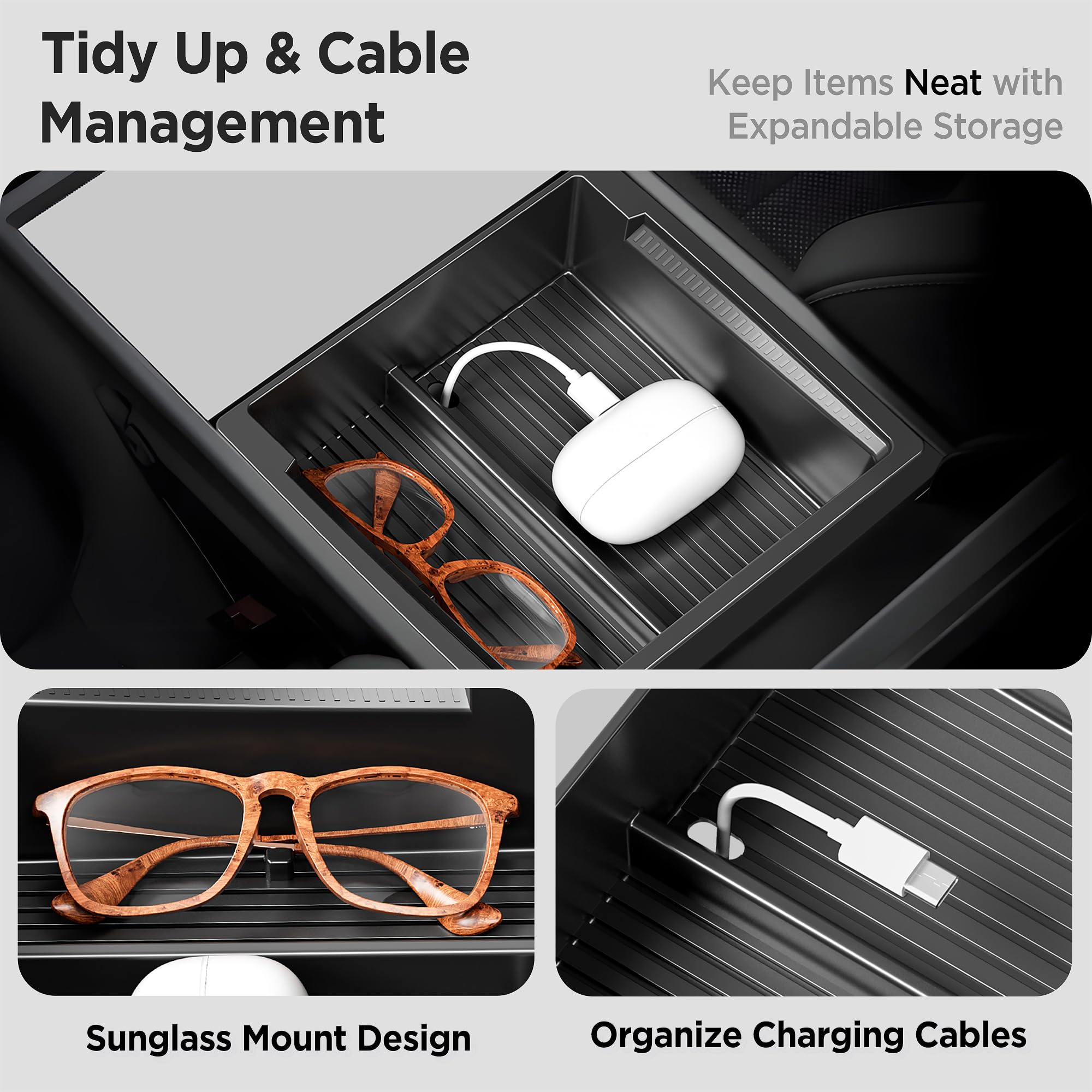 TSLDRV Center Console Organizer Tray for Tesla Model Y Juniper Accessories 2025 2026/For Tesla Model 3 Highland Accessories 2024 2025 2026 [Slide Smoothly/US Patent] Cup Holder Matte Black