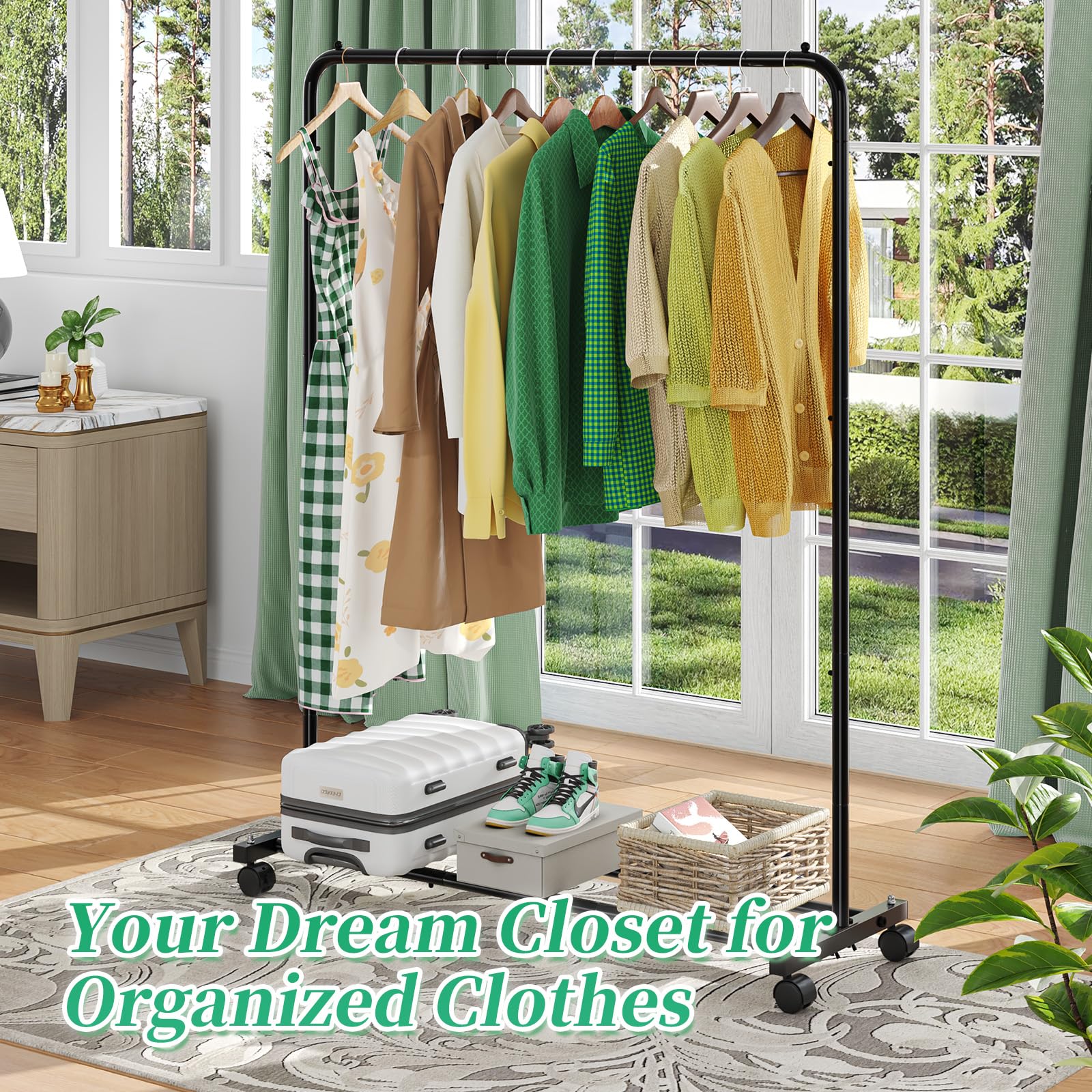 Simple Trending Standard Clothes Clothing Garment Rack with Storage Shelves, Rolling Clothes Organizer on Wheels for Hanging Clothes, Black