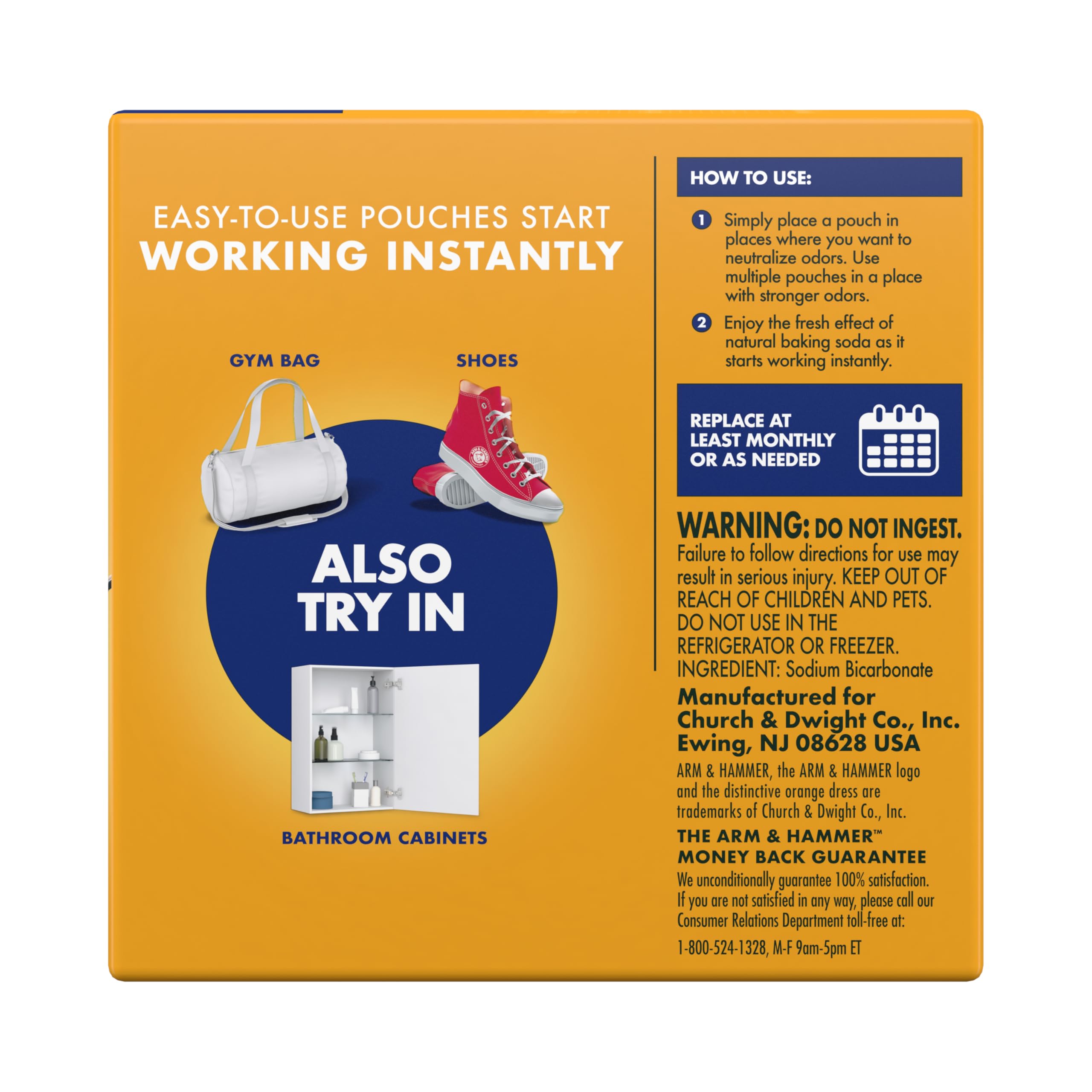 Arm & Hammer Fresh Effects Odor Neutralizing Baking Soda Pouches, Unscented Deodorizer for Long Lasting Freshness in Shoes, Gym Bags, & Small Spaces, 5 count
