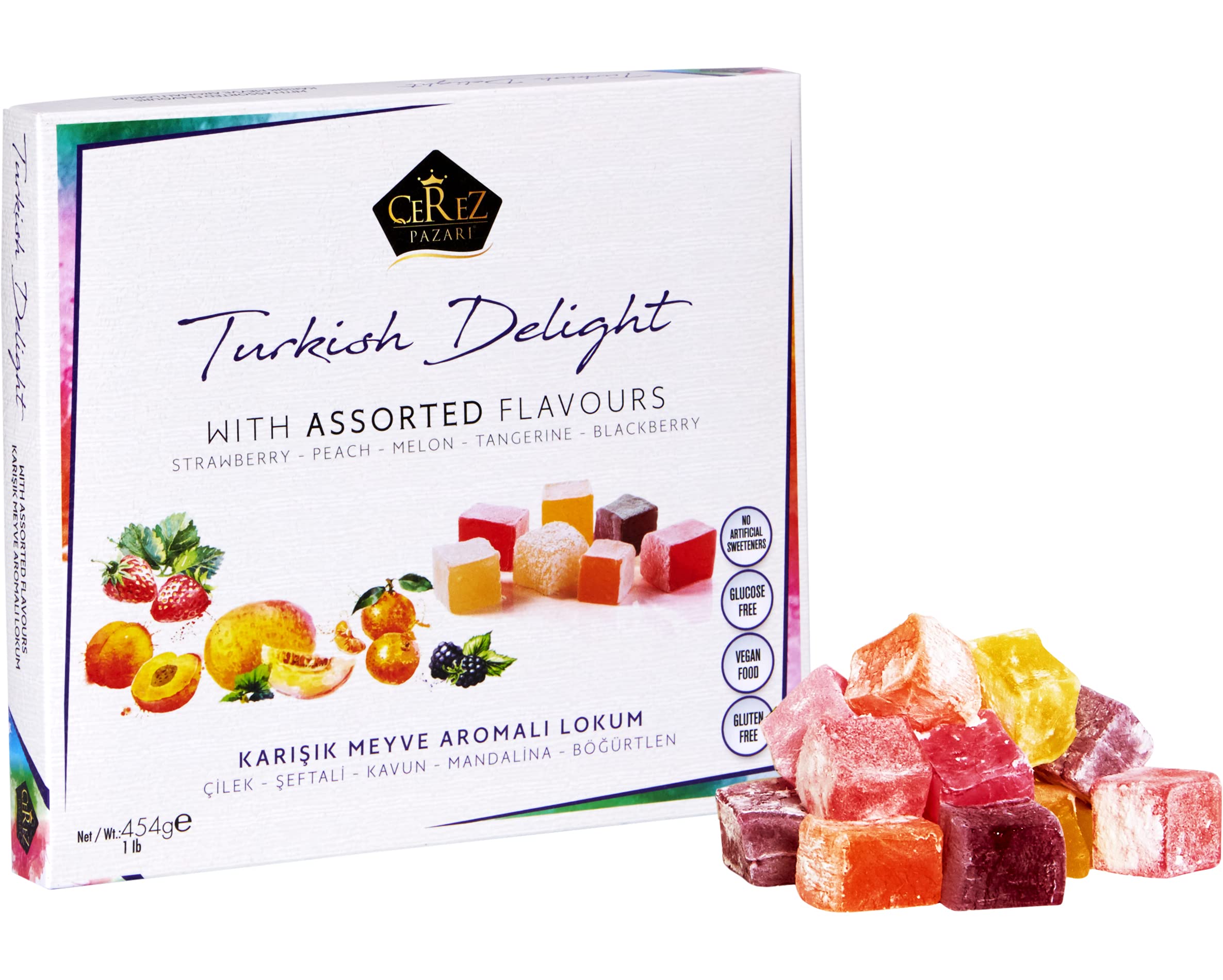 Cerez Pazari Türkischer Honig (Turkish Delight) mit verschiedenen Geschmacksrichtungen, Gourmet-Geschenkbox mit mittelgroßen Snacks, süßes, luxuriöses, traditionelles Konfekt Loukoumi, veganes Lokum, ca. Nussfrei, 42 Stück, 450g.