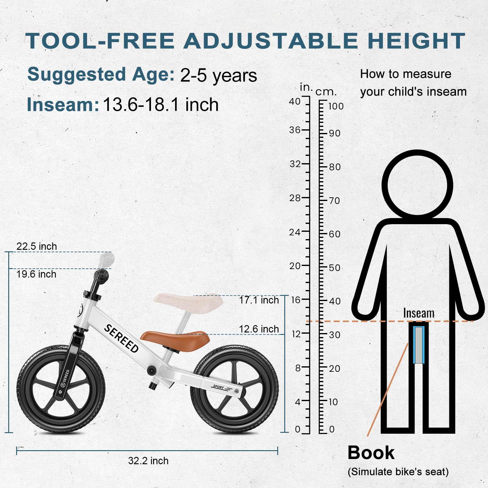 SEREED Toddler Balance Bike 2 Year Old, No Pedal Kids Toy Bike for 2-5 Years Old, Tool-Free Adjustment, Gift for 2-3 Boys Girls, Customize Plate with 3pcs Stickers (White)