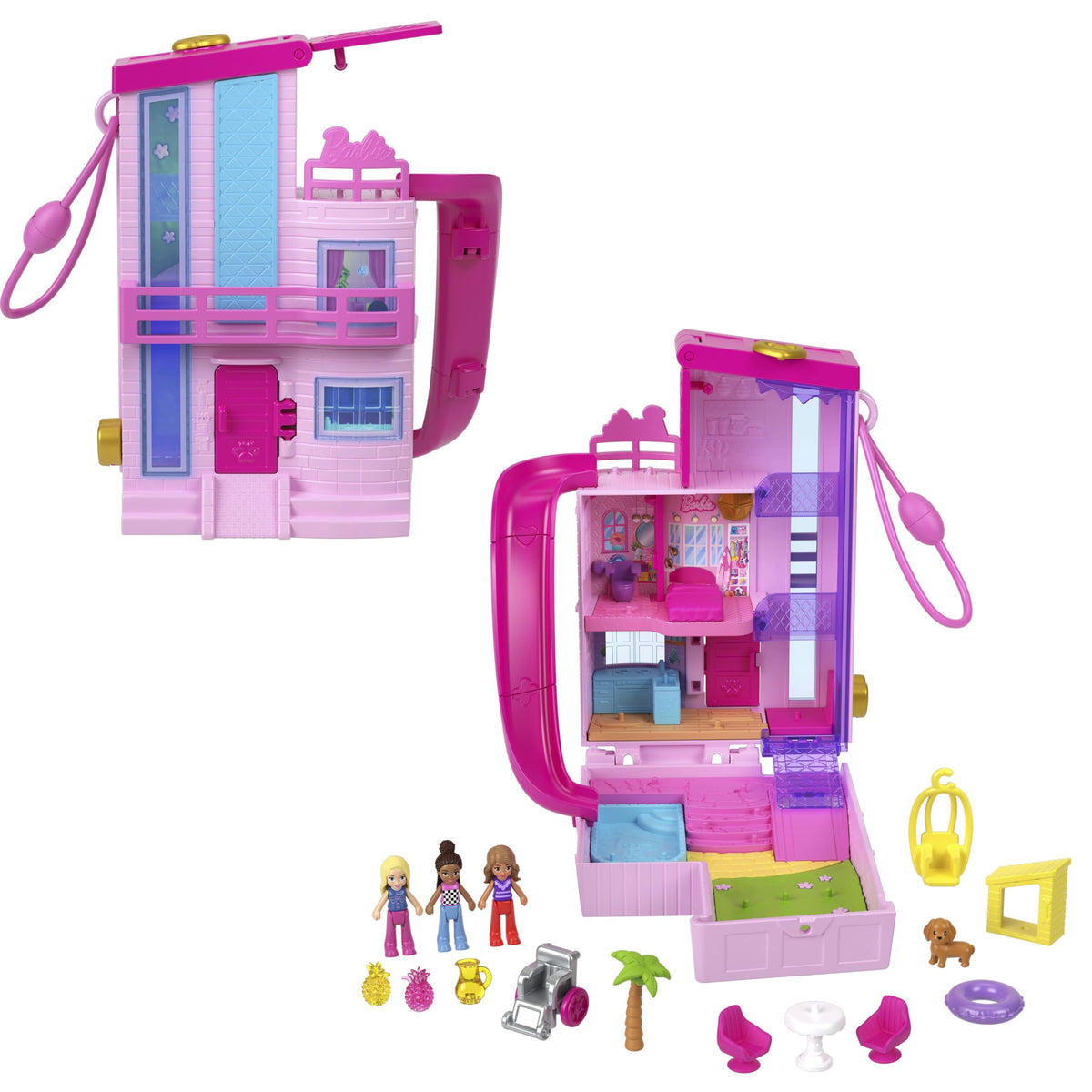 Polly Pocket Barbie Traumhaus Kompakt, Puppenhaus-Spielset mit 3 Mikro-Puppen, 1 Welpe, 11 Zubehörteilen, Aufzug & Pool