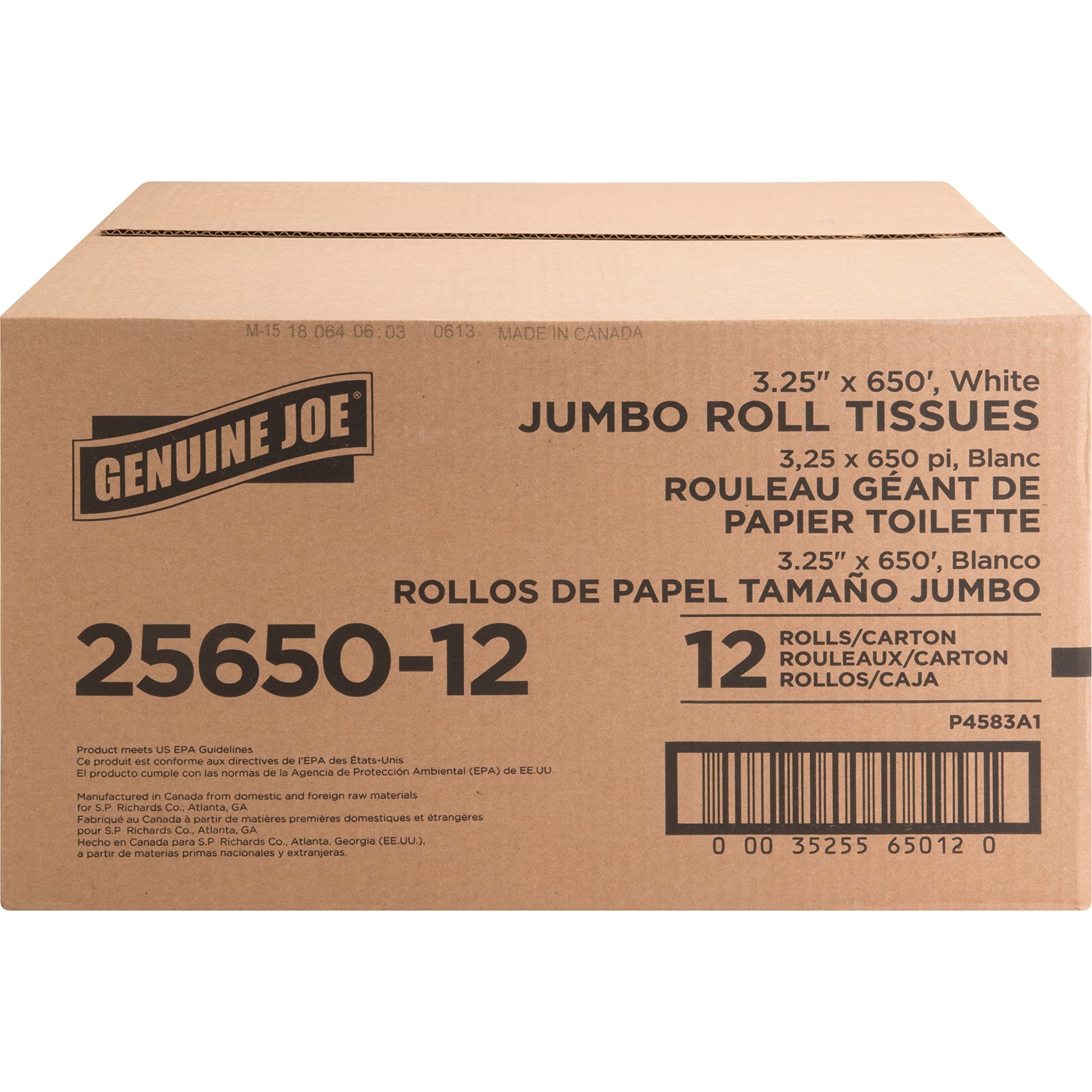 Genuine Joe Jumbo Roll Bath Tissue - 2-Ply White Toilet Paper, 3.3" x 650' per Roll, 12 Count Bulk Pack, Recycled Fiber, Commercial Grade for Dispensers
