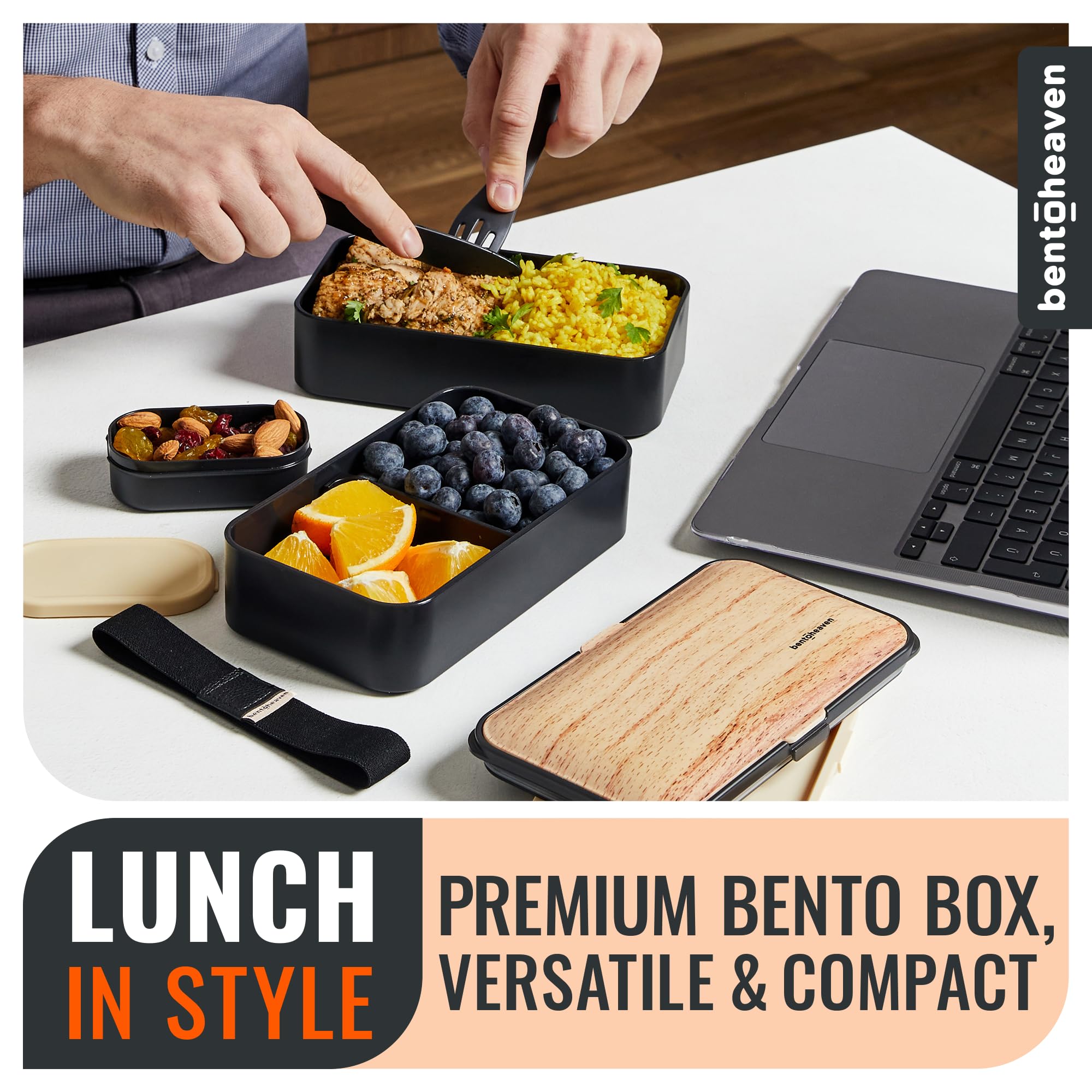 Bentoheaven Premium Bento Box Adult Lunch Box with Compartments for Women & Men, Set of Utensil & Chopsticks & Dip Container, Cute Japanese Kids Bento Lunch Box, Microwavable (Symph Onyx)