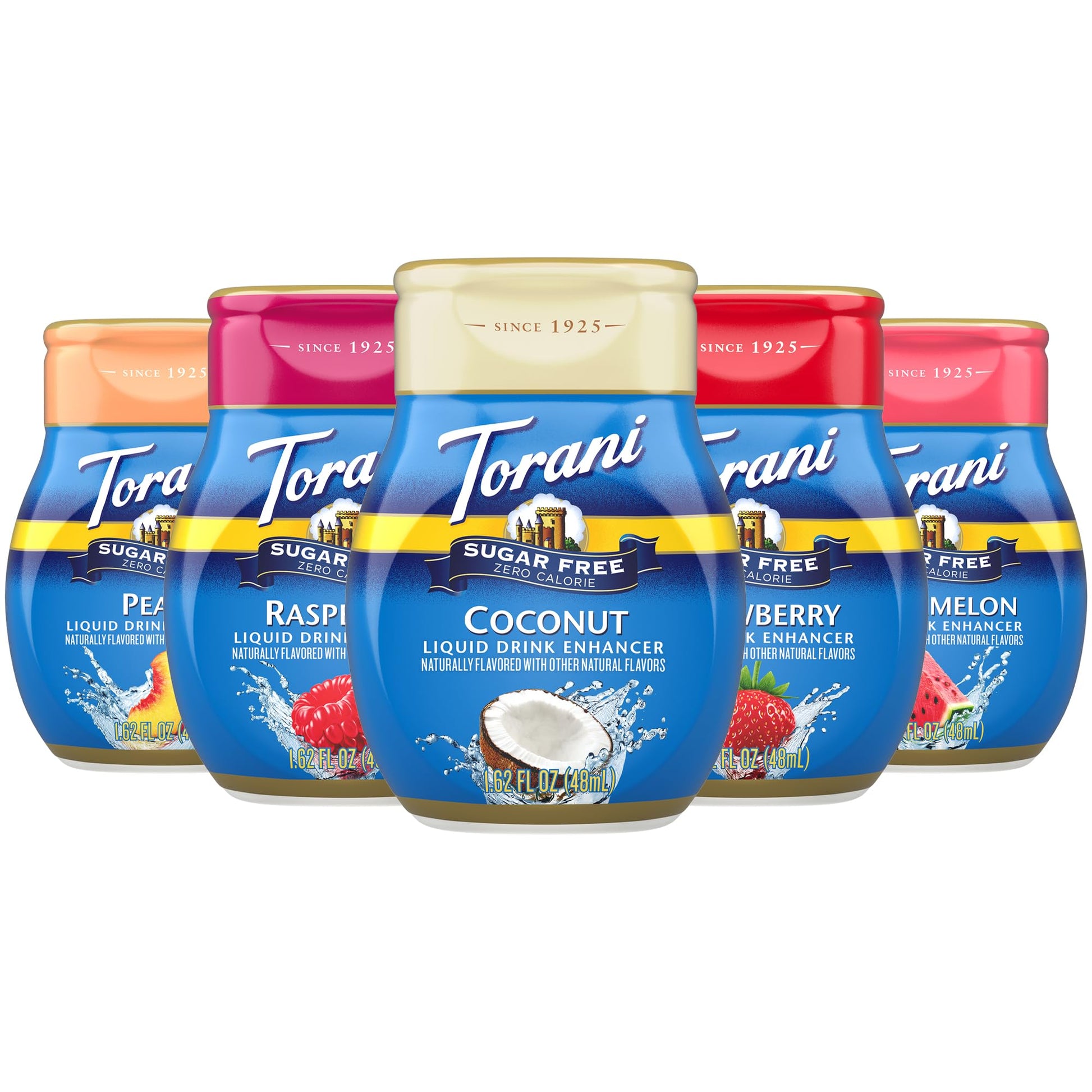 Torani Sugar Free Liquid Drink Enhancer, Water Flavoring Variety 5-Pack, Watermelon, Peach, Raspberry, Strawberry, and Coconut, 1.62 Oz Ea